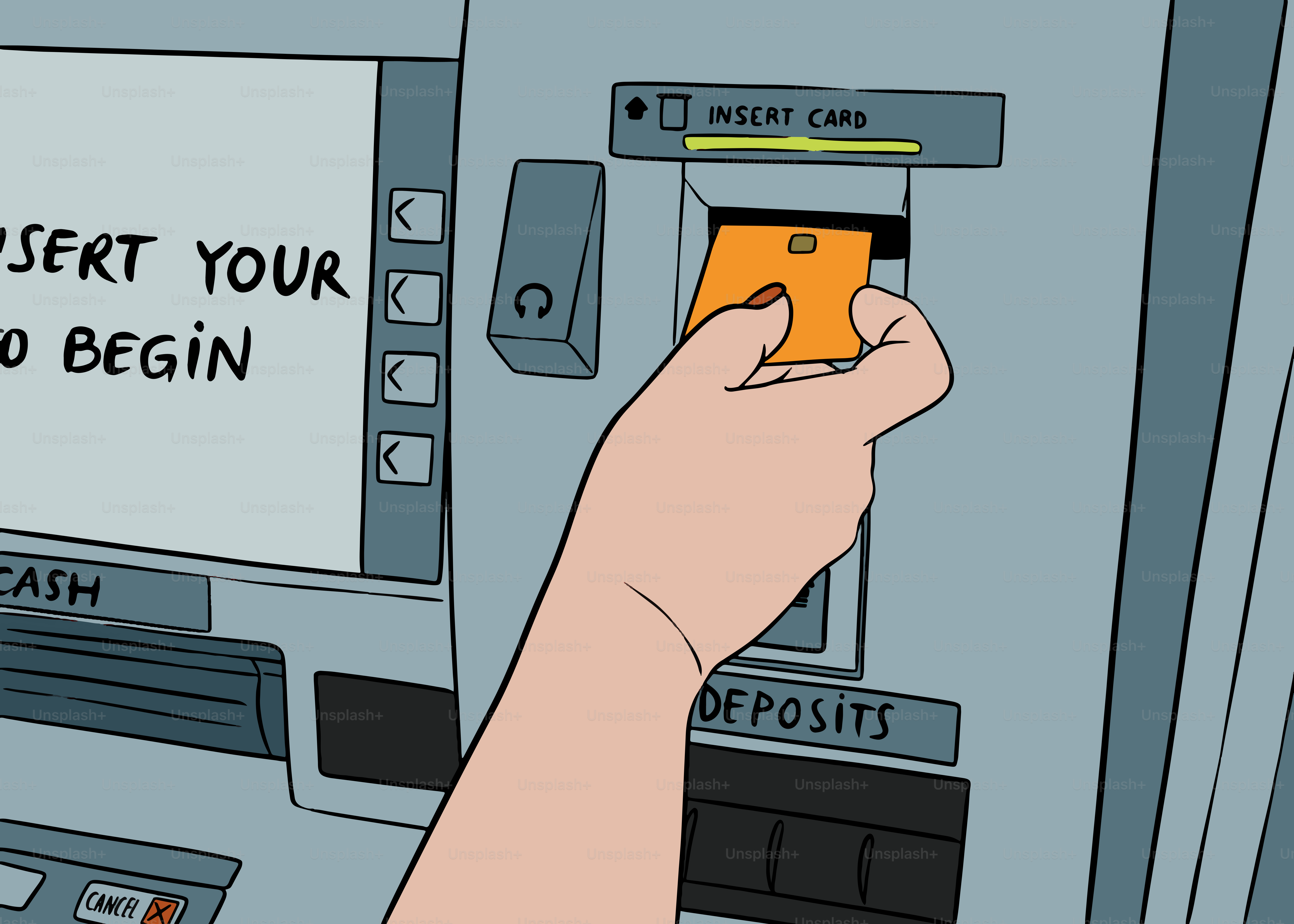 Hand inserts credit card into atm machine slot.