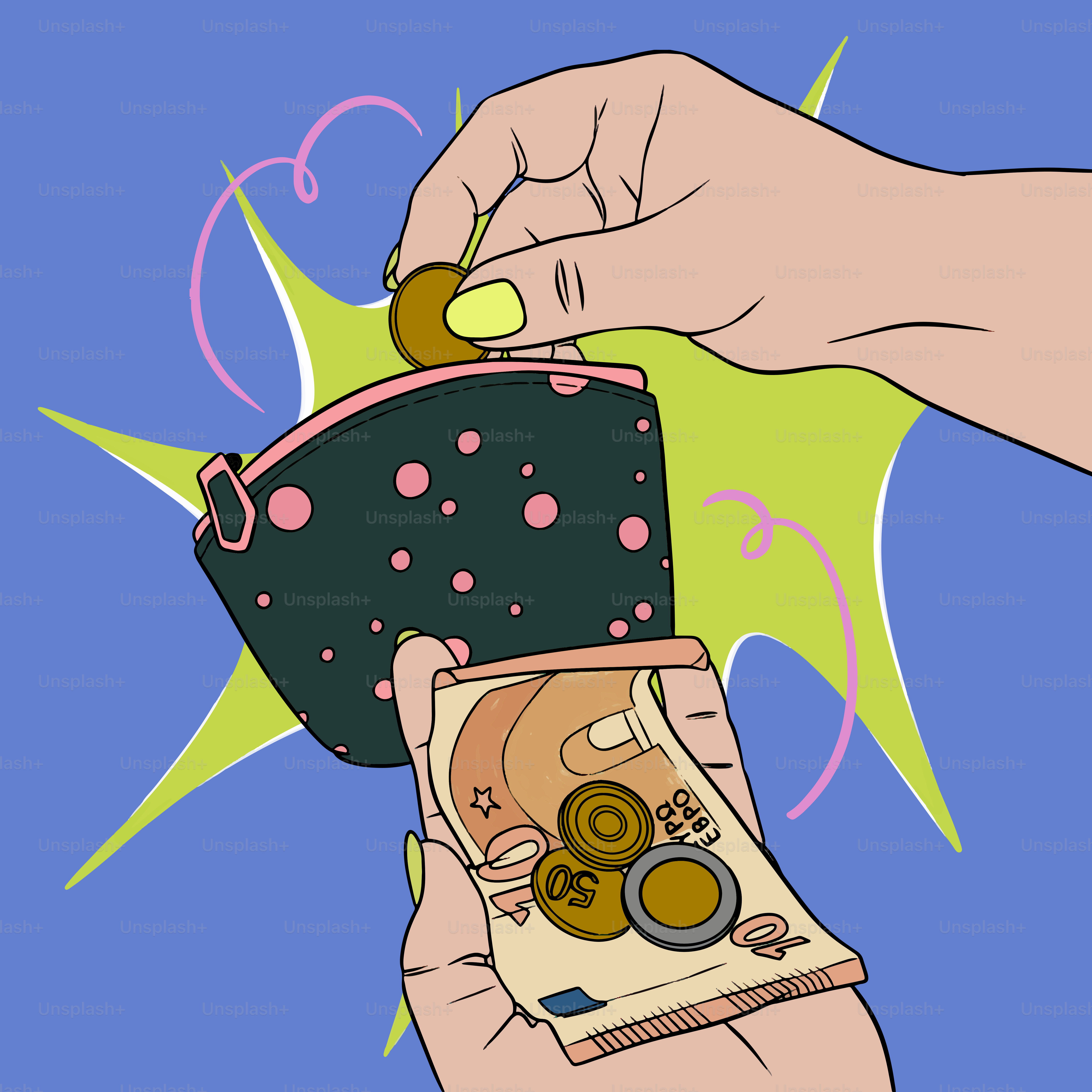 Tangan memasukkan koin dan uang kertas euro ke dalam dompet