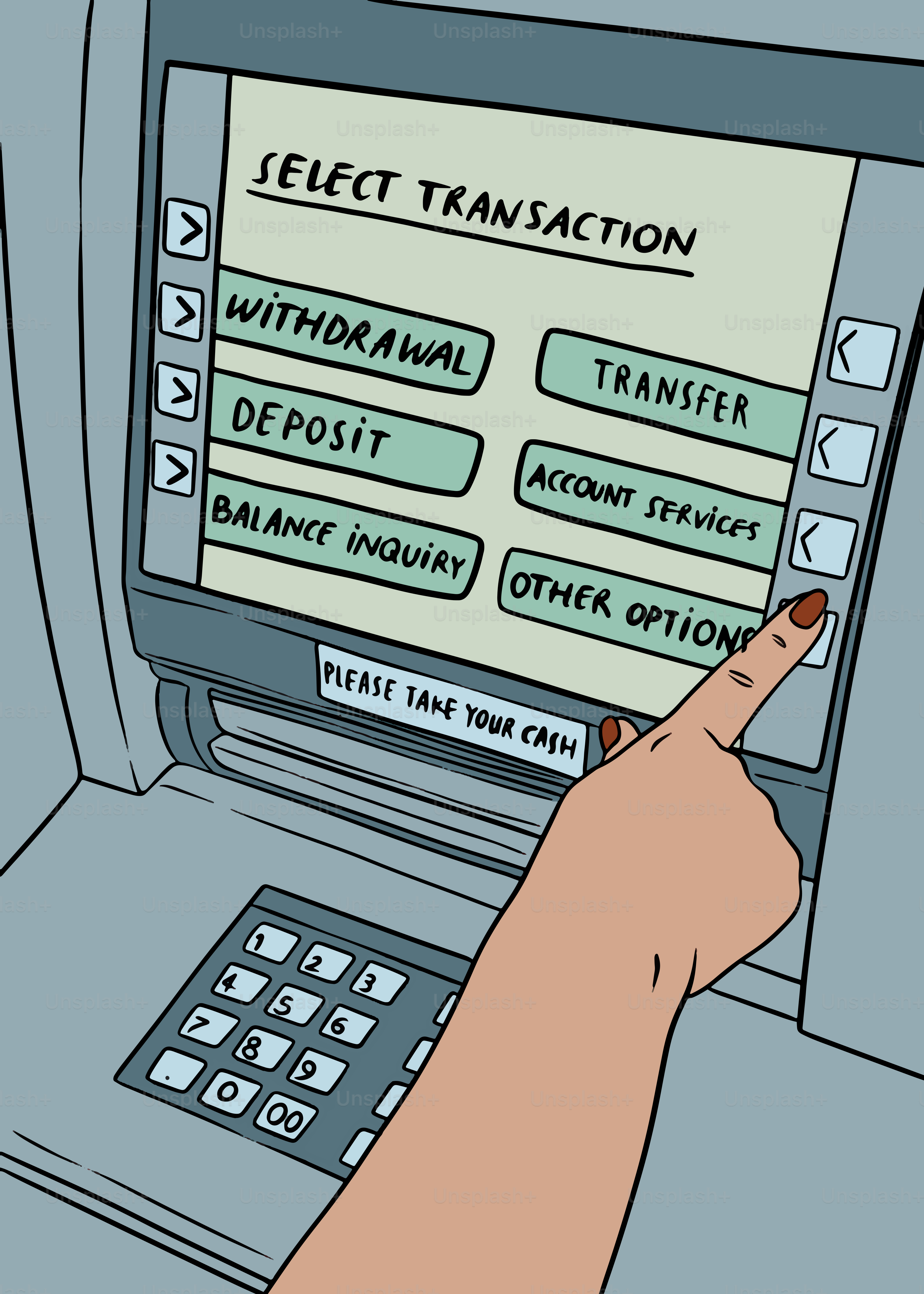 Person using an atm to select a transaction.