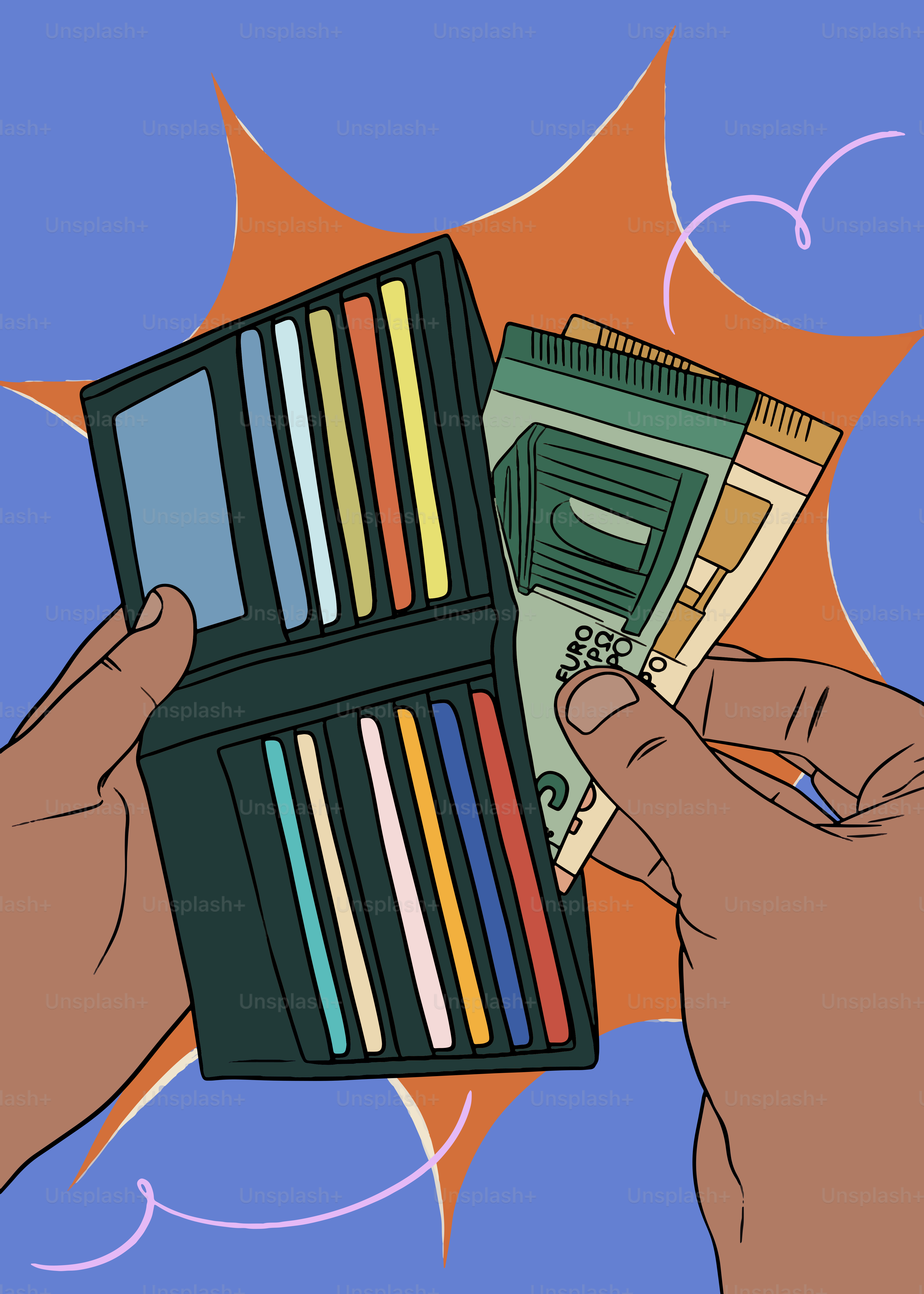 Die Hände halten eine offene Brieftasche mit Bargeld und Karten.