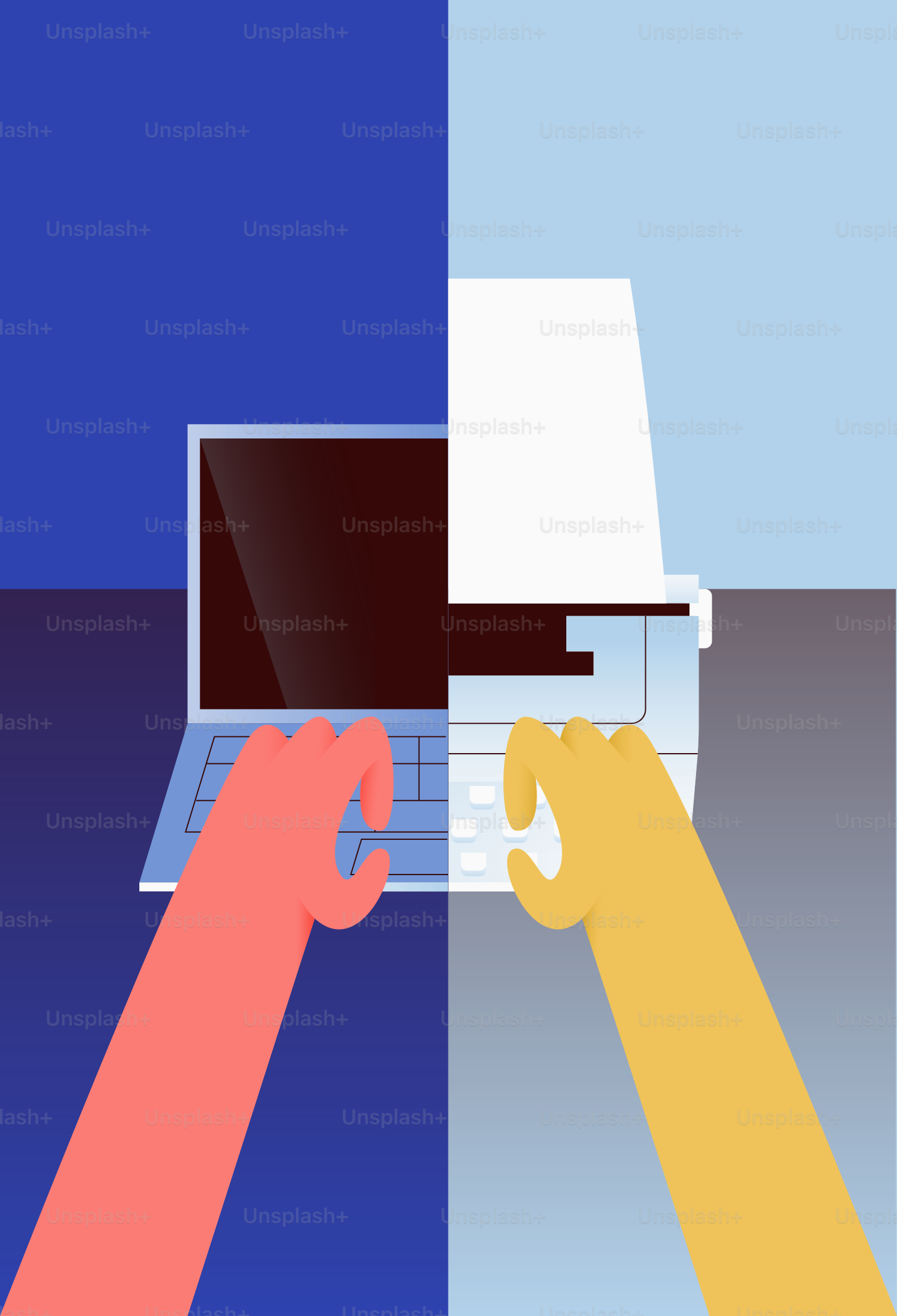 Hands typing on a laptop with split blue background.