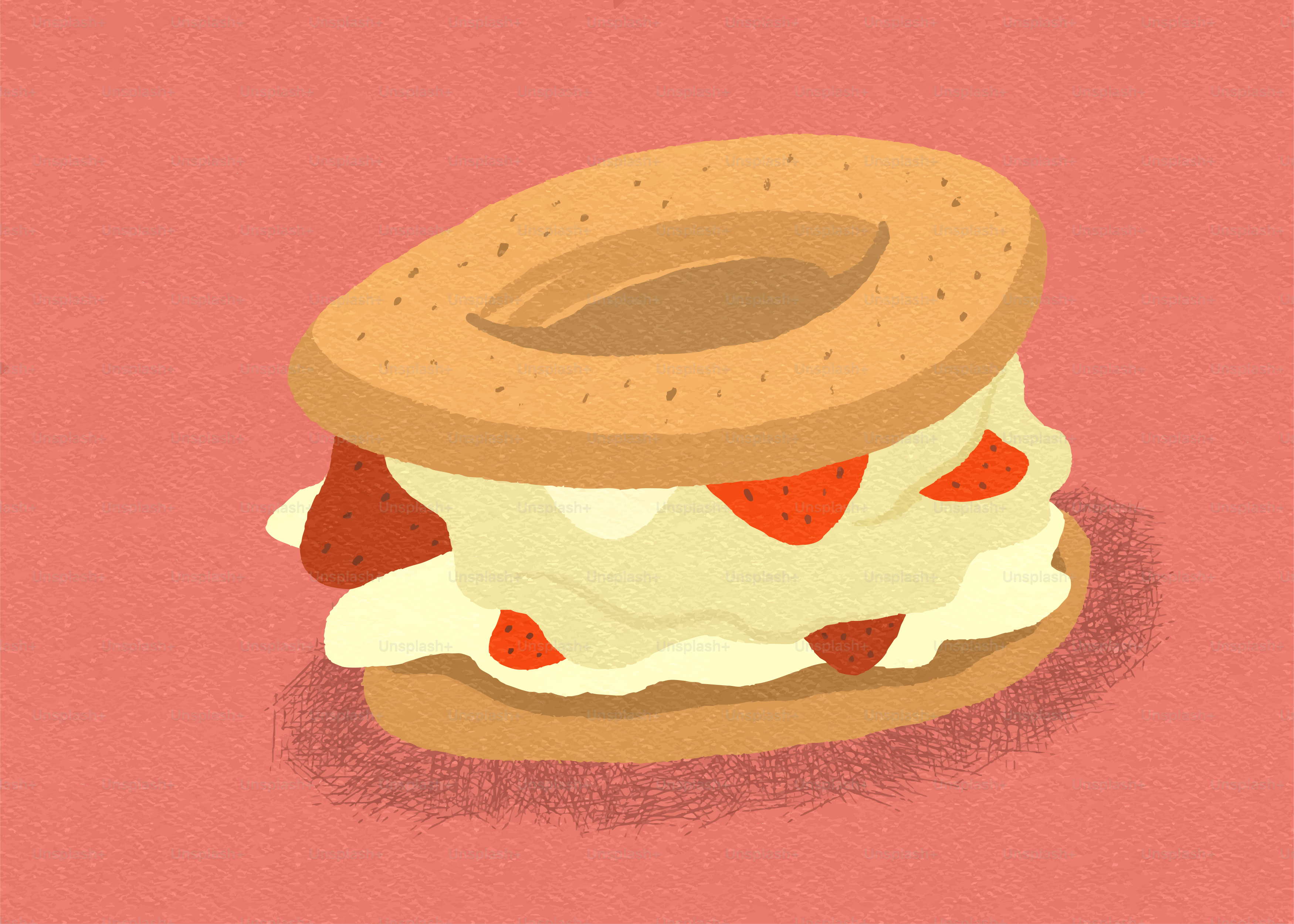 A round cookie sandwich with cream and strawberries