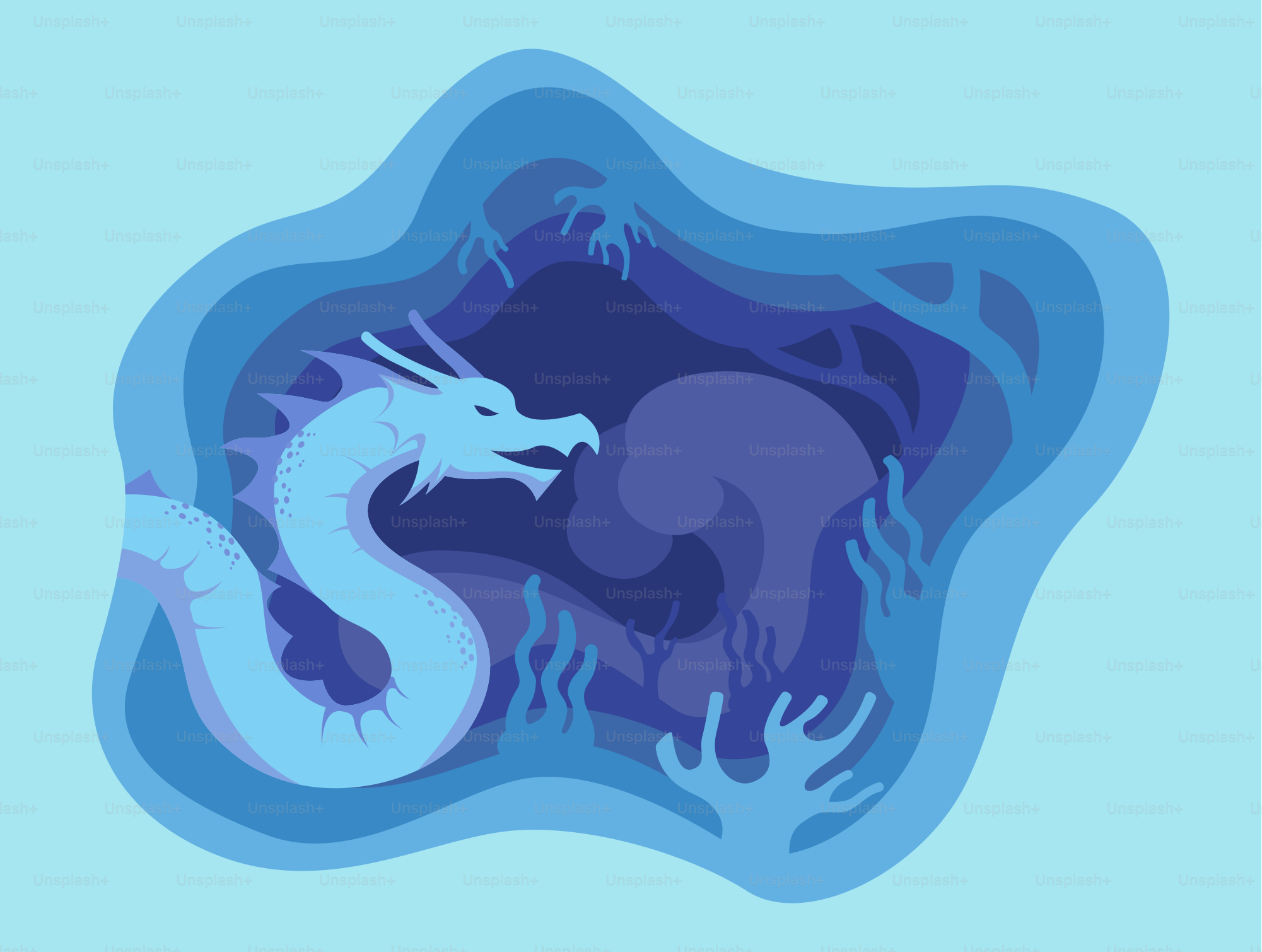 Un drago blu nuota in una scena subacquea blu stratificata