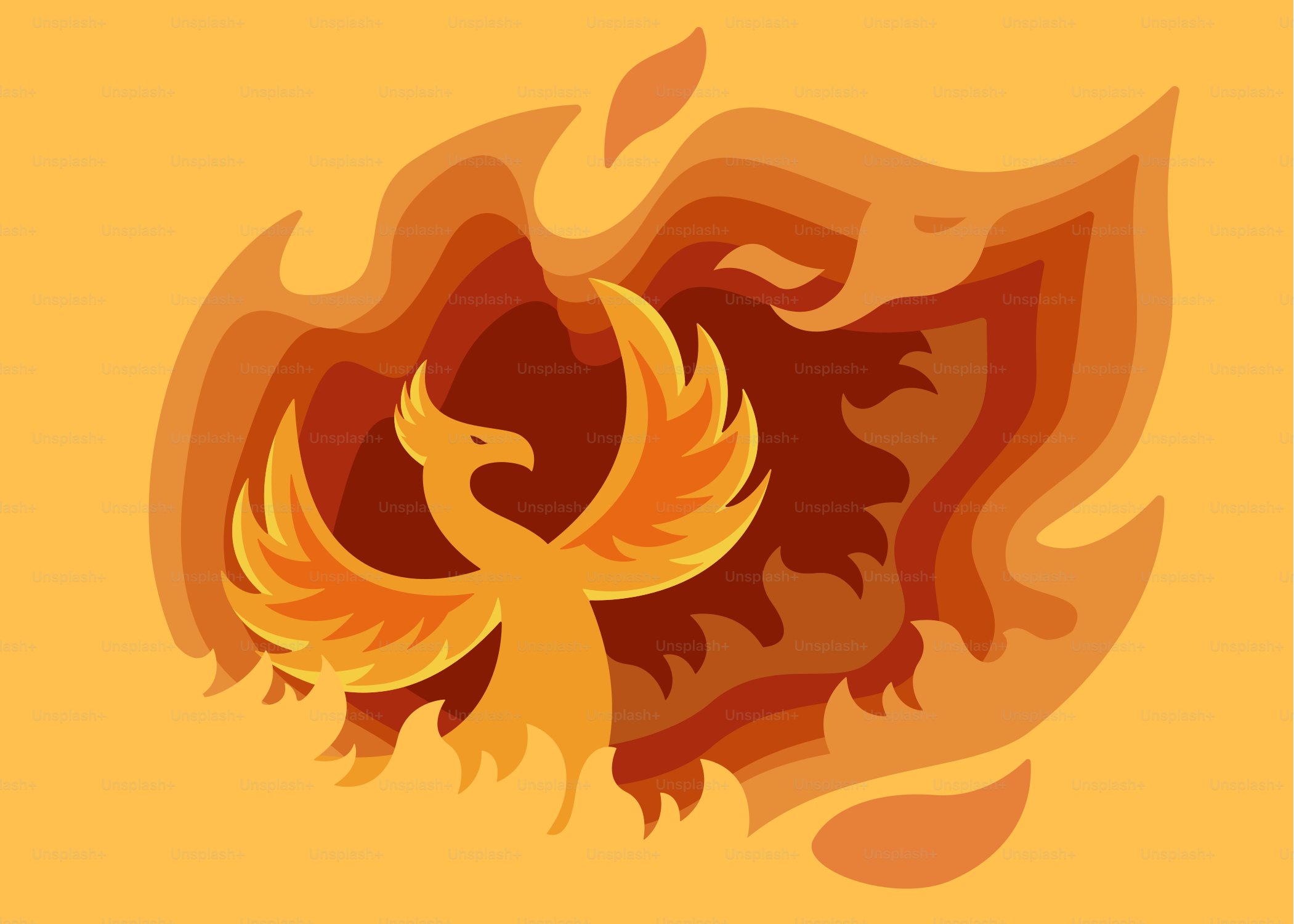 Stylized phoenix rising from flames in warm colors.