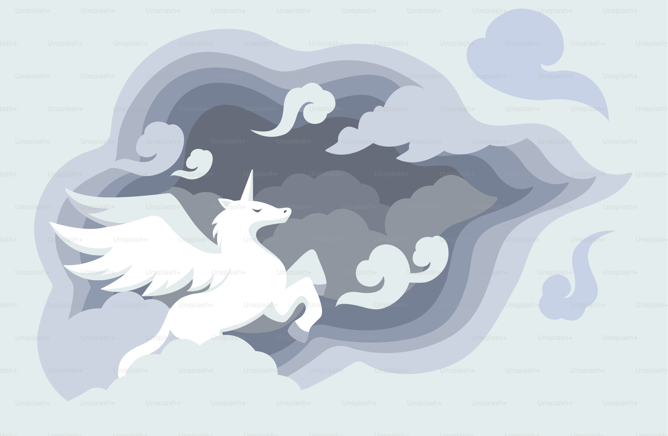 A white winged unicorn flying through clouds.