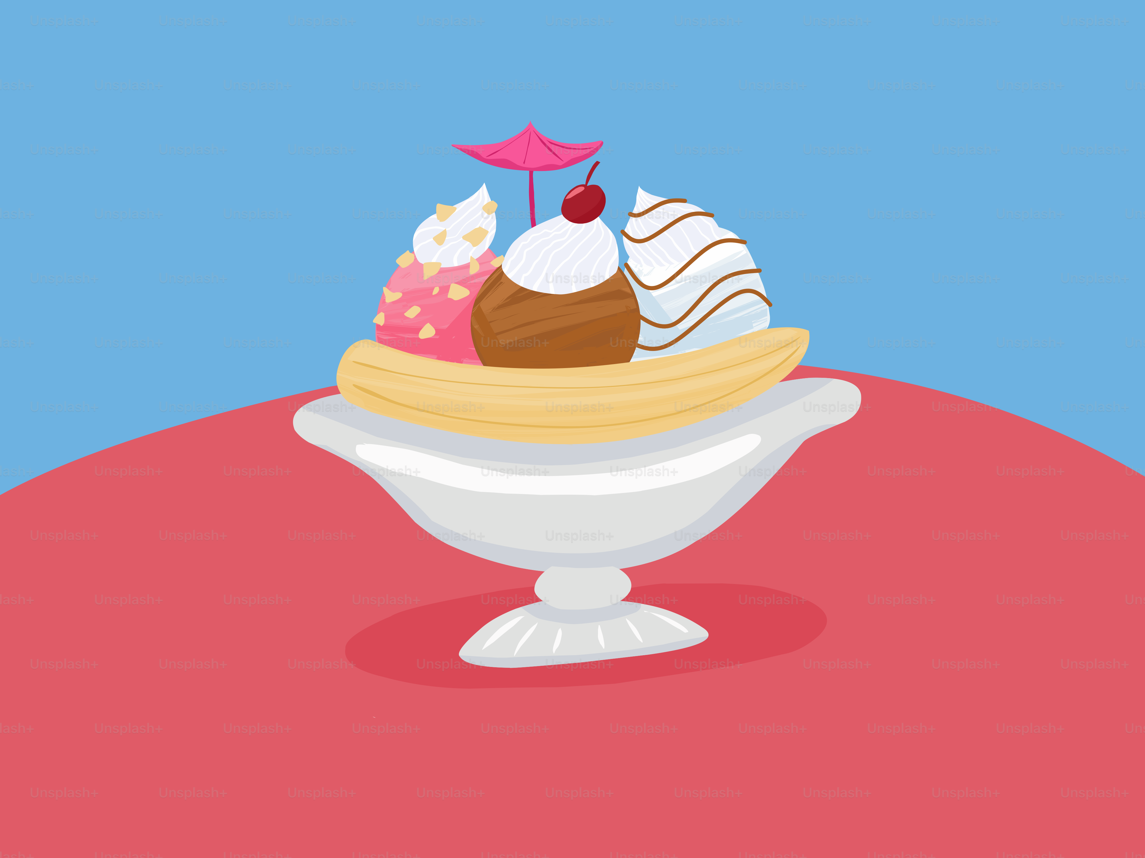 Banana split avec trois boulettes de glace.