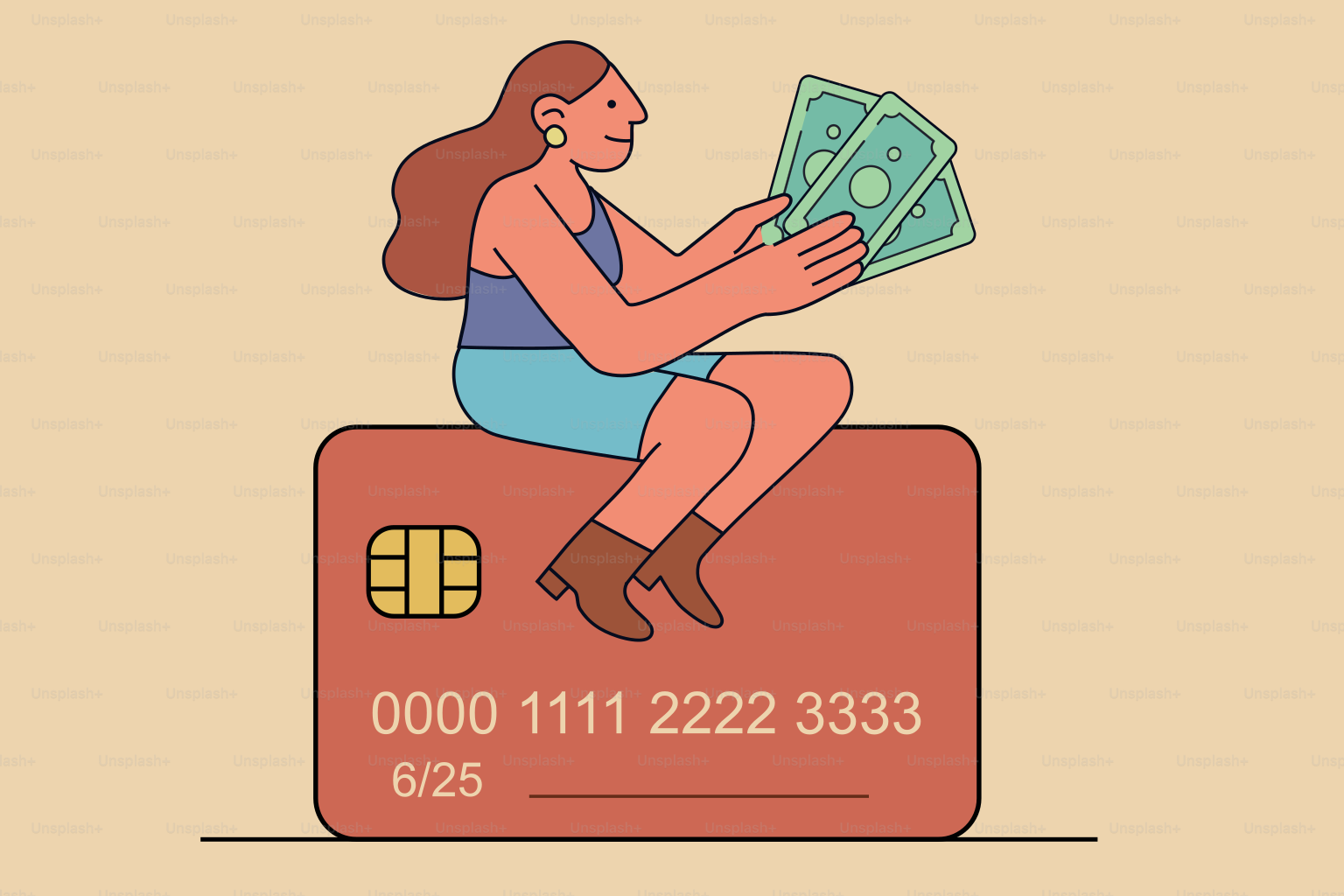 Woman sitting on credit card holding cash