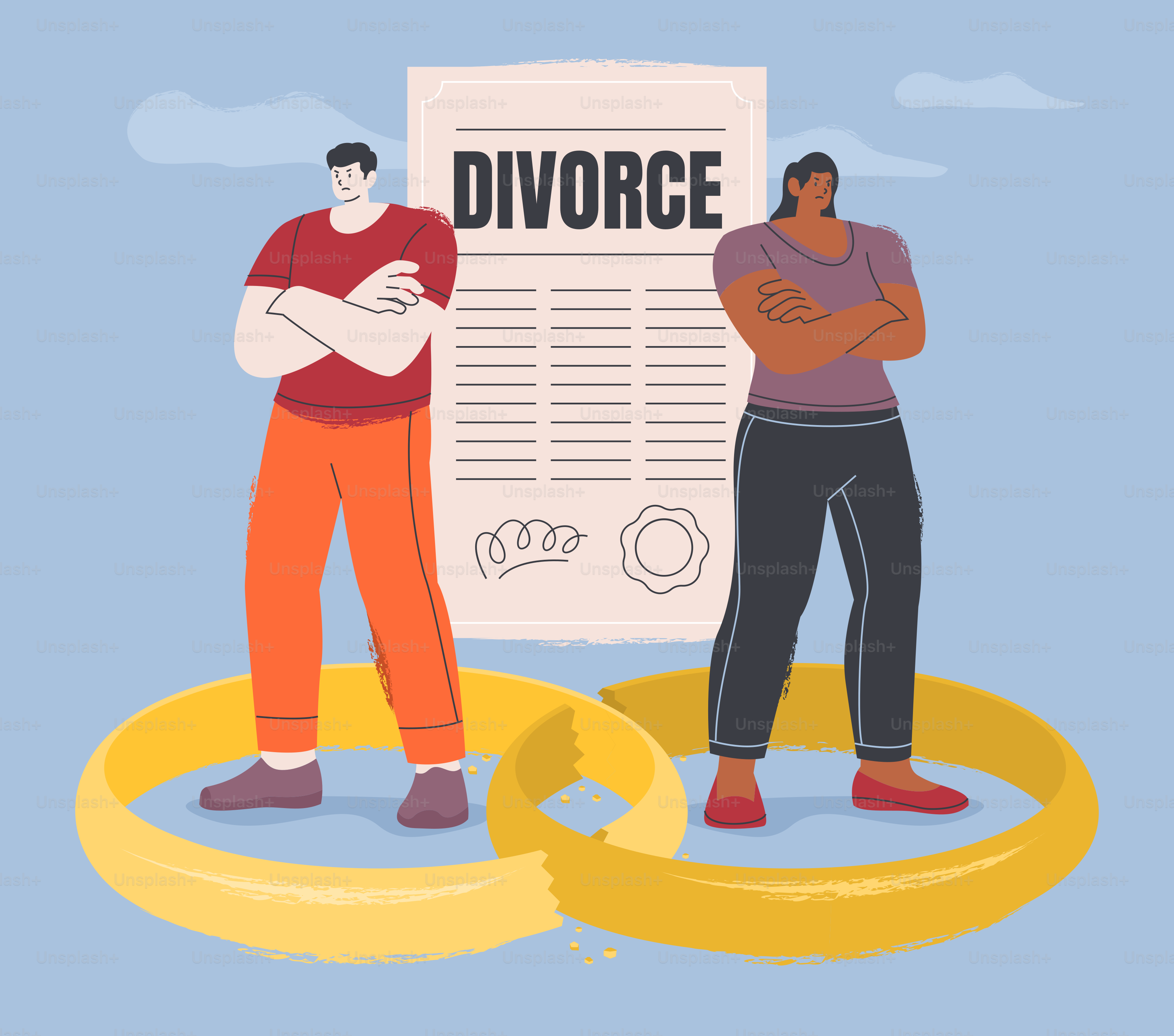 Casal em pé sobre uma aliança de casamento quebrada com papel de divórcio.