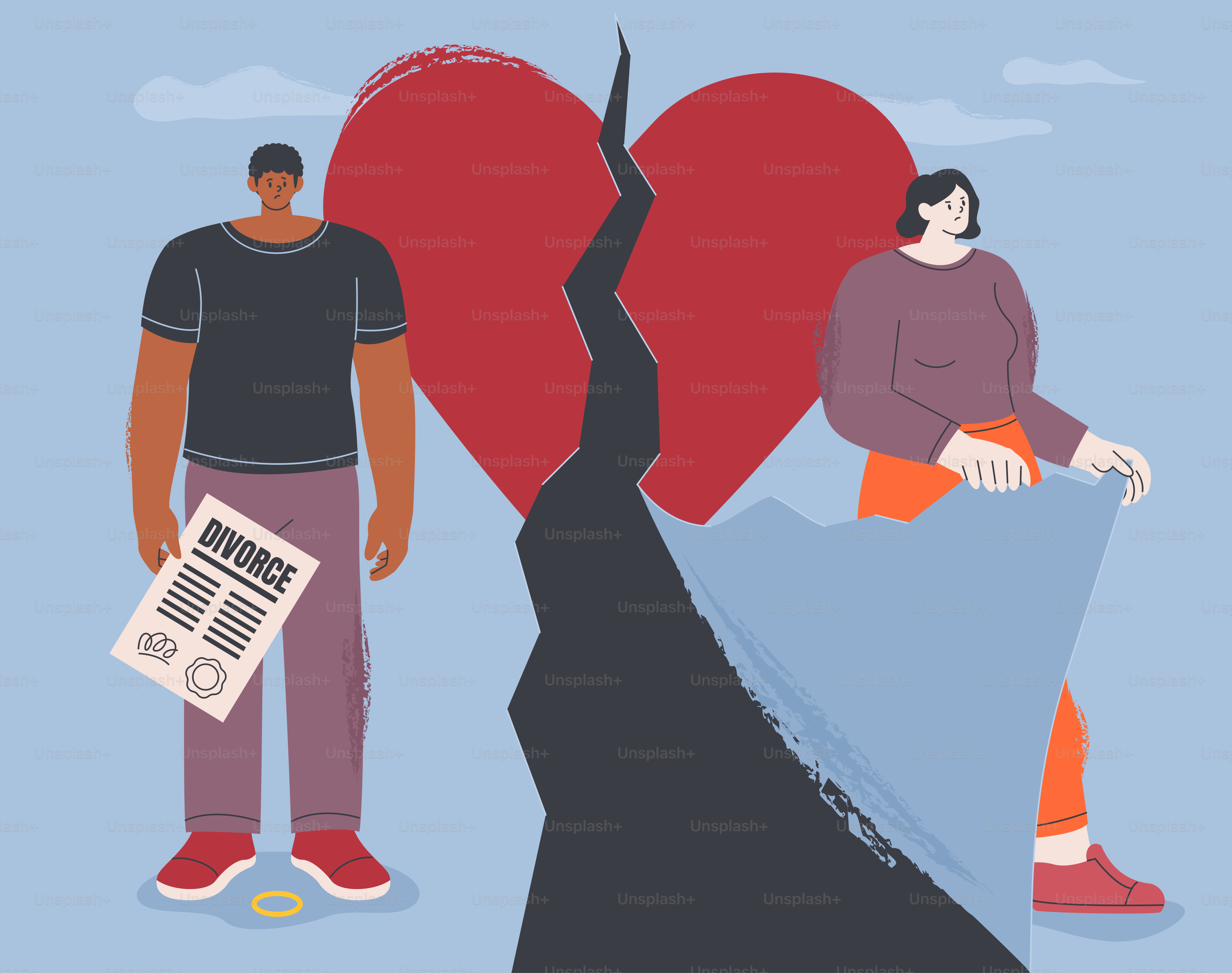 Couple with broken heart and divorce papers