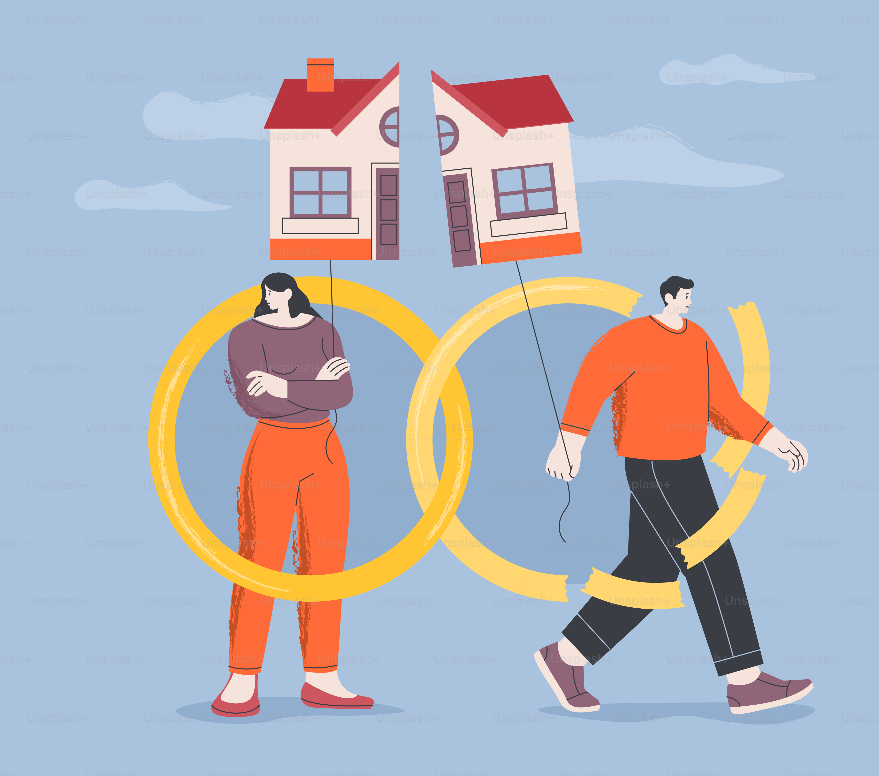 Paar, das ein Haus mit zerbrochenen Eheringen teilt.