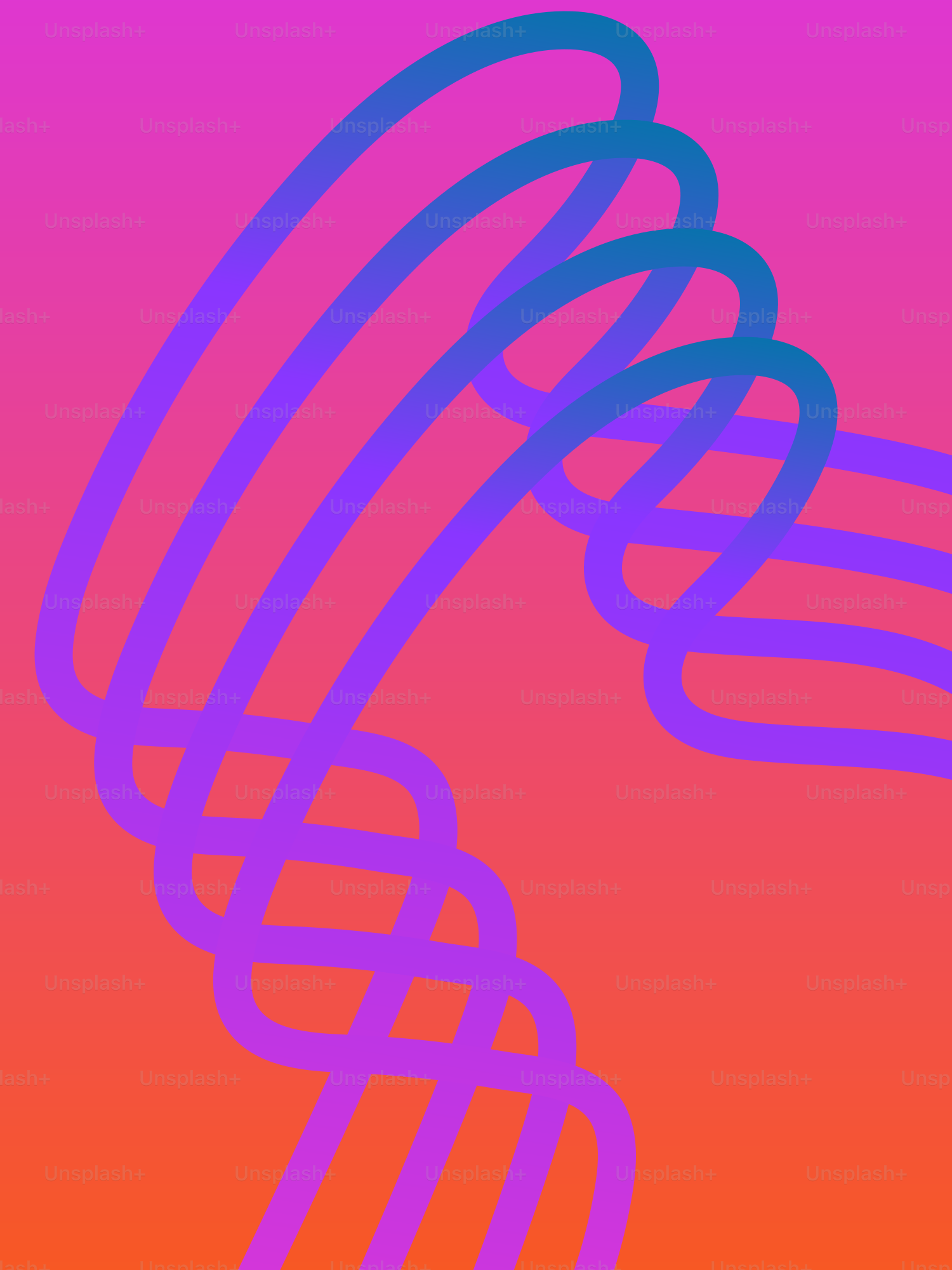 Linhas abstratas roxas contra um gradiente rosa e laranja.