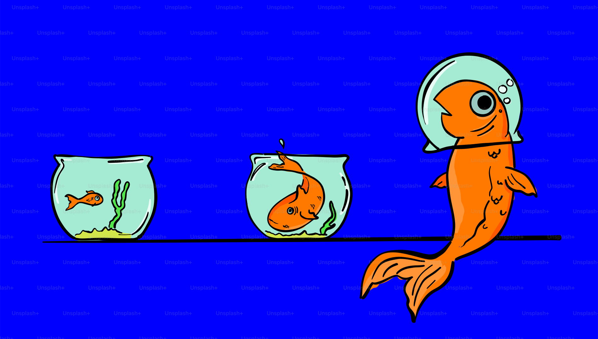 Goldfish in bowls, one wearing a space helmet.