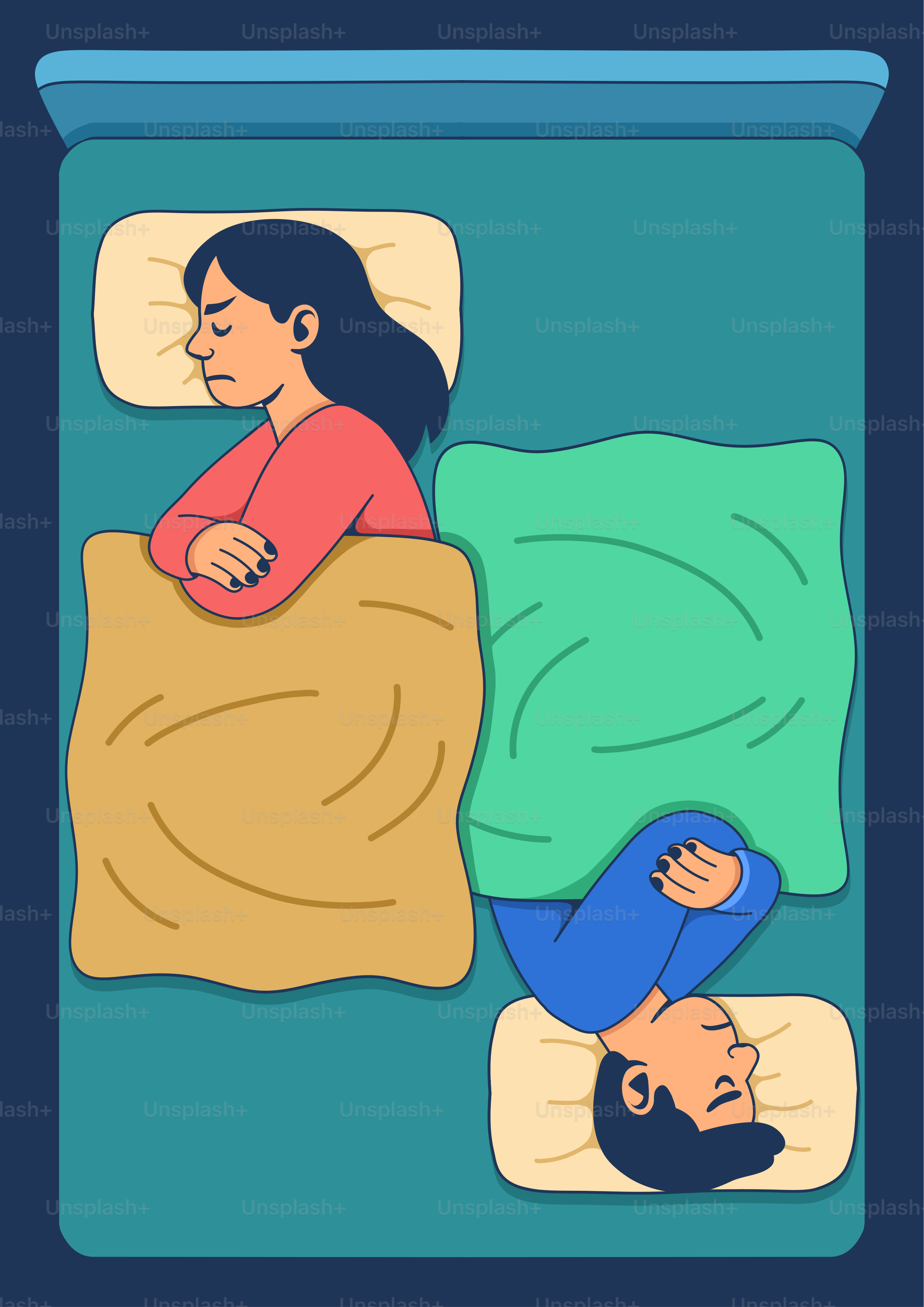 Couple sleeping separately in a large bed.