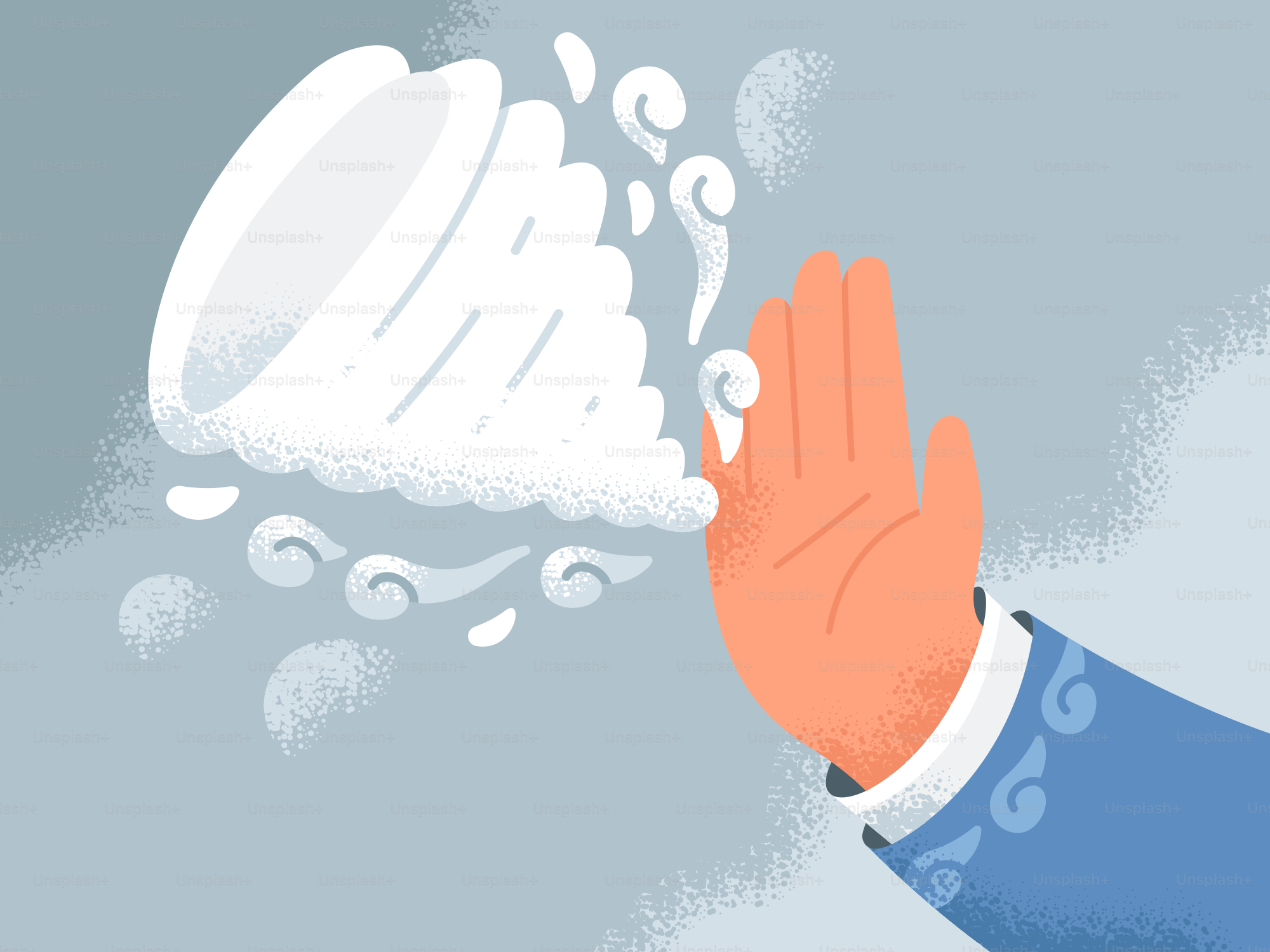 Hand blocking a swirling vortex of white mist.