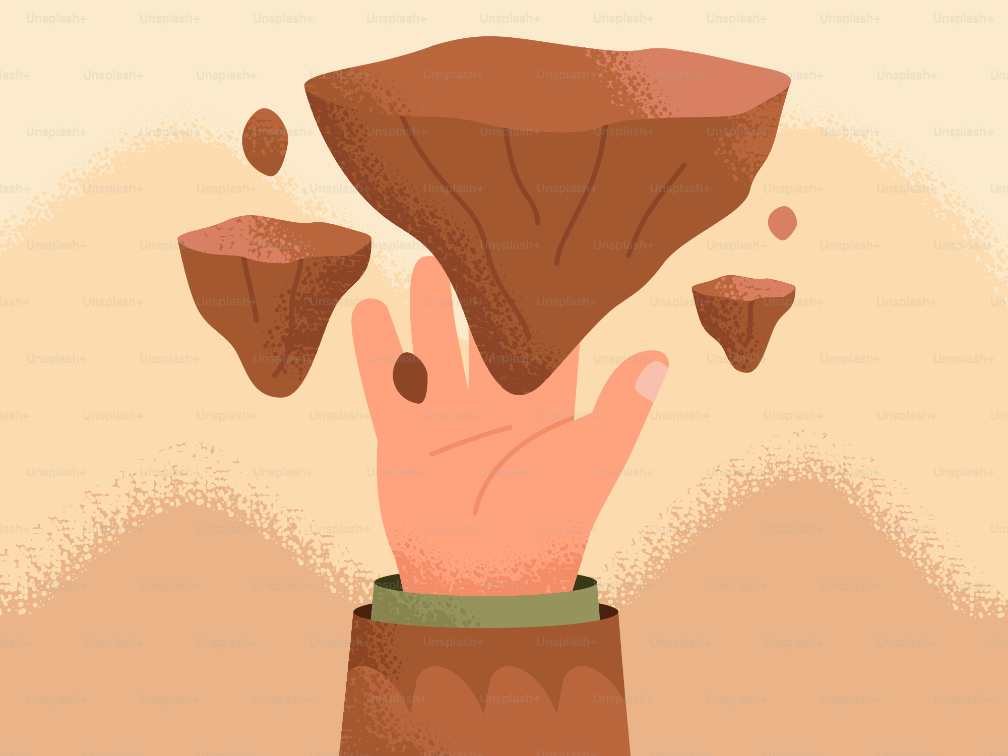 Hand reaching for floating islands in a desert landscape