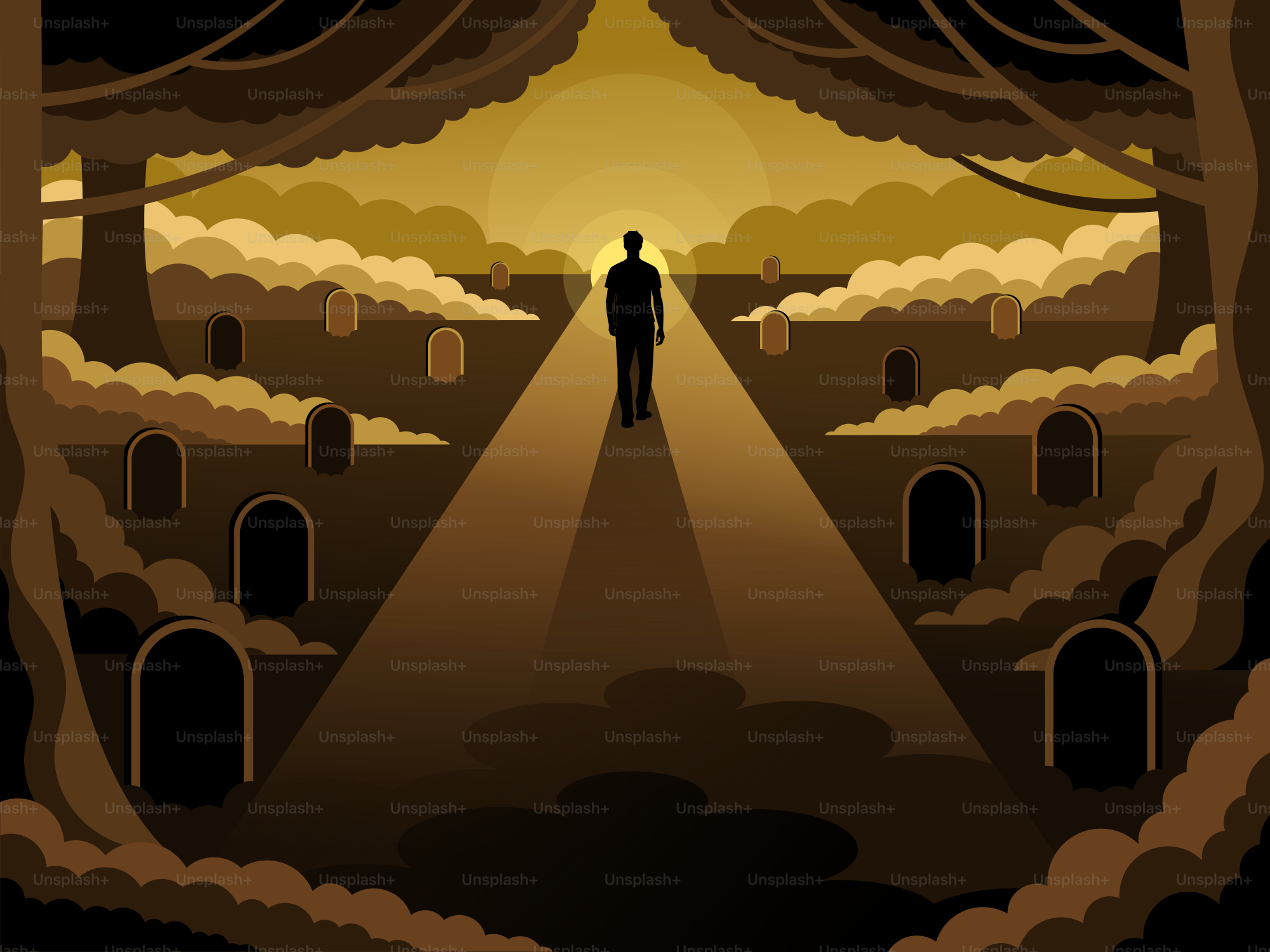 Man walks towards light through forest graves