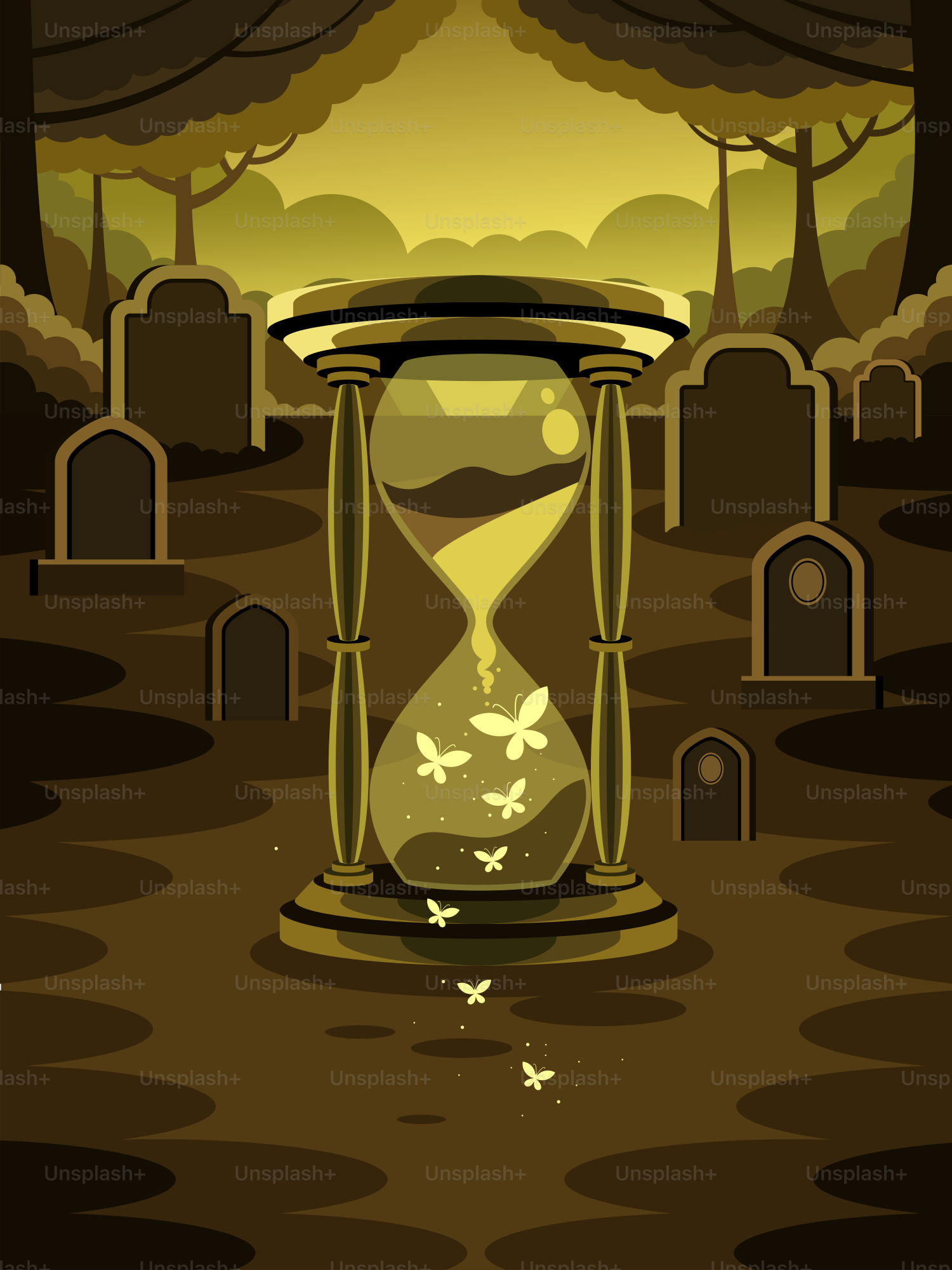 Reloj de arena con mariposas en un cementerio