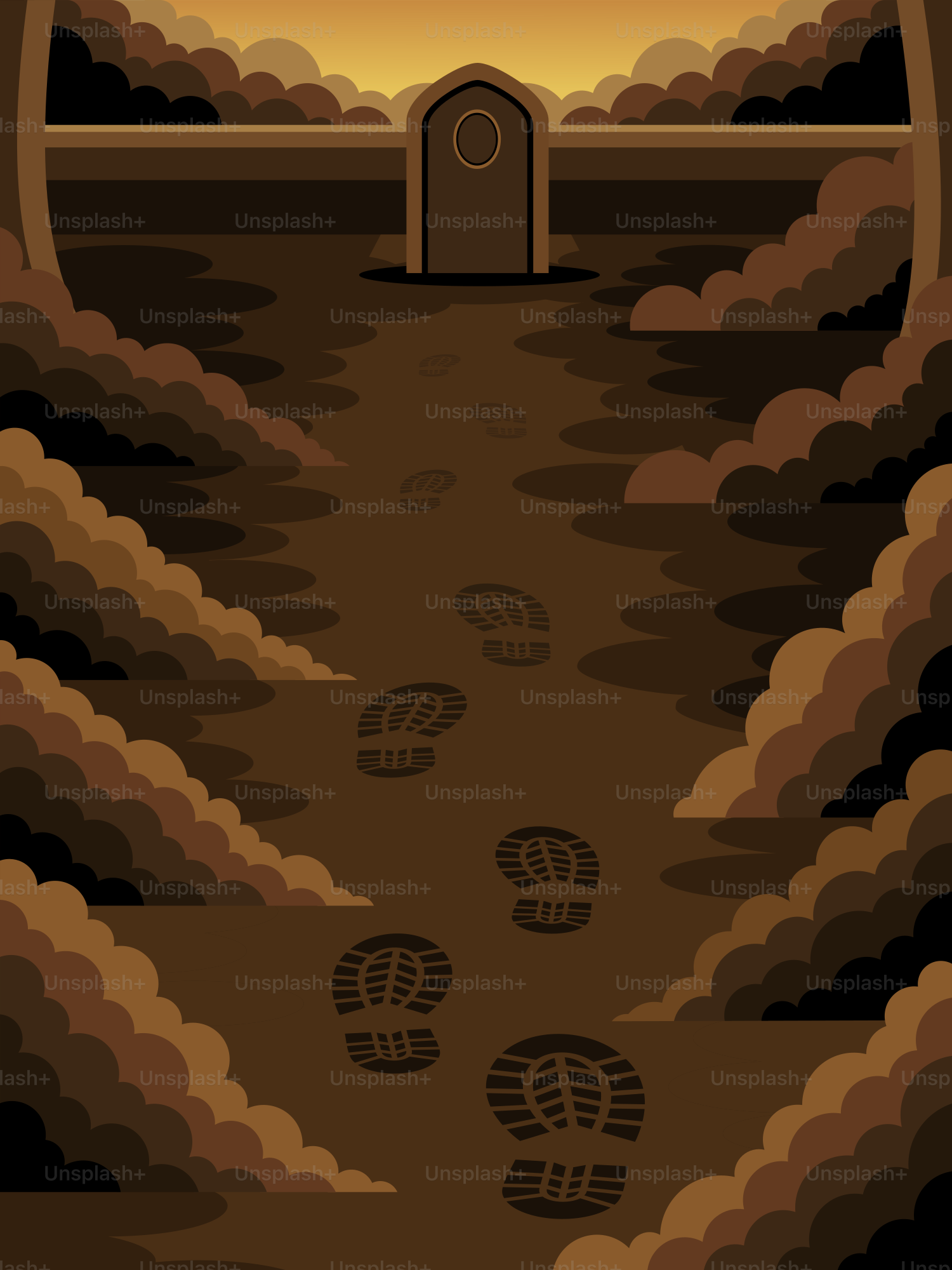 Footprints lead to a mysterious arched doorway.