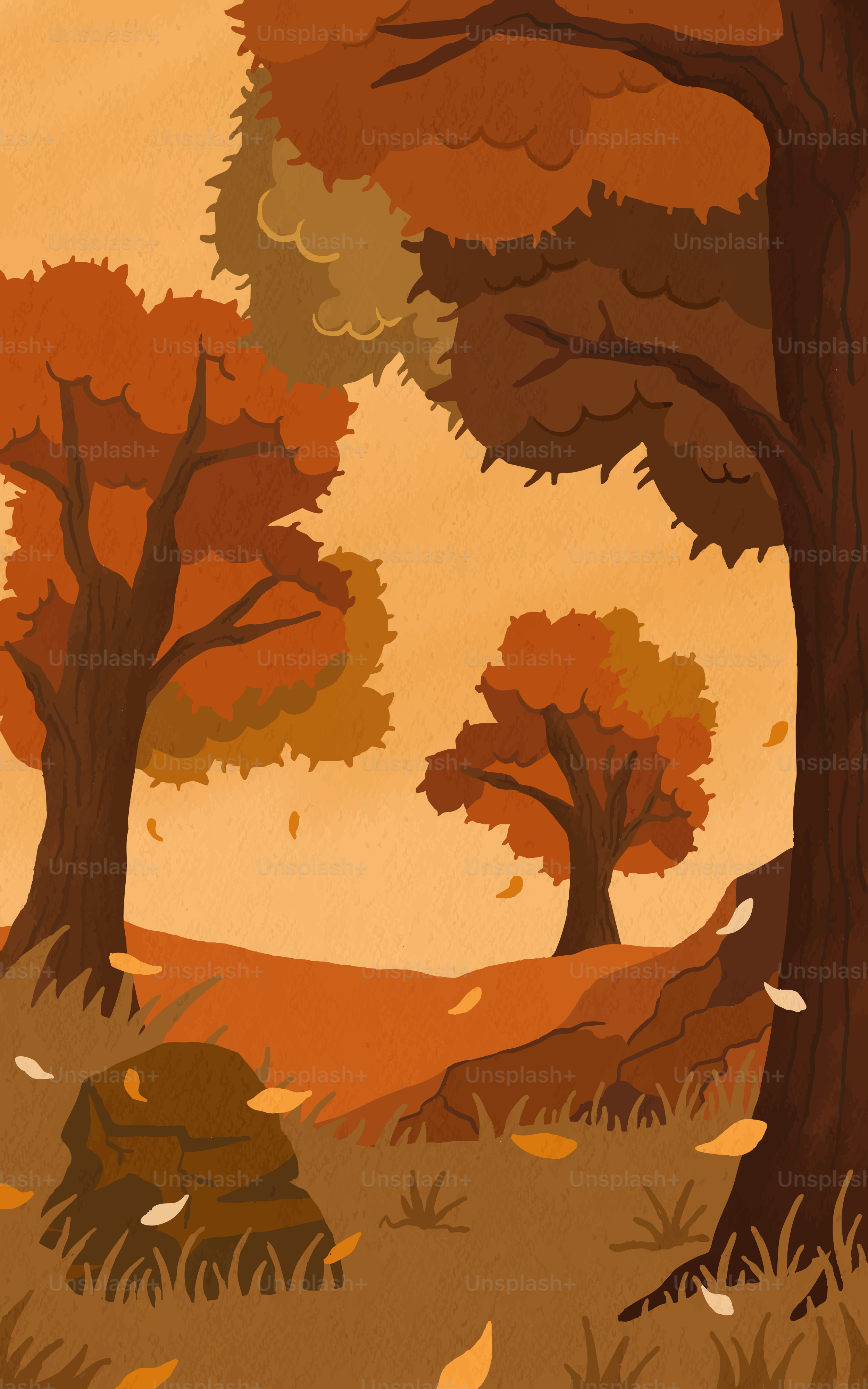 Autumn trees with falling leaves in a forest.