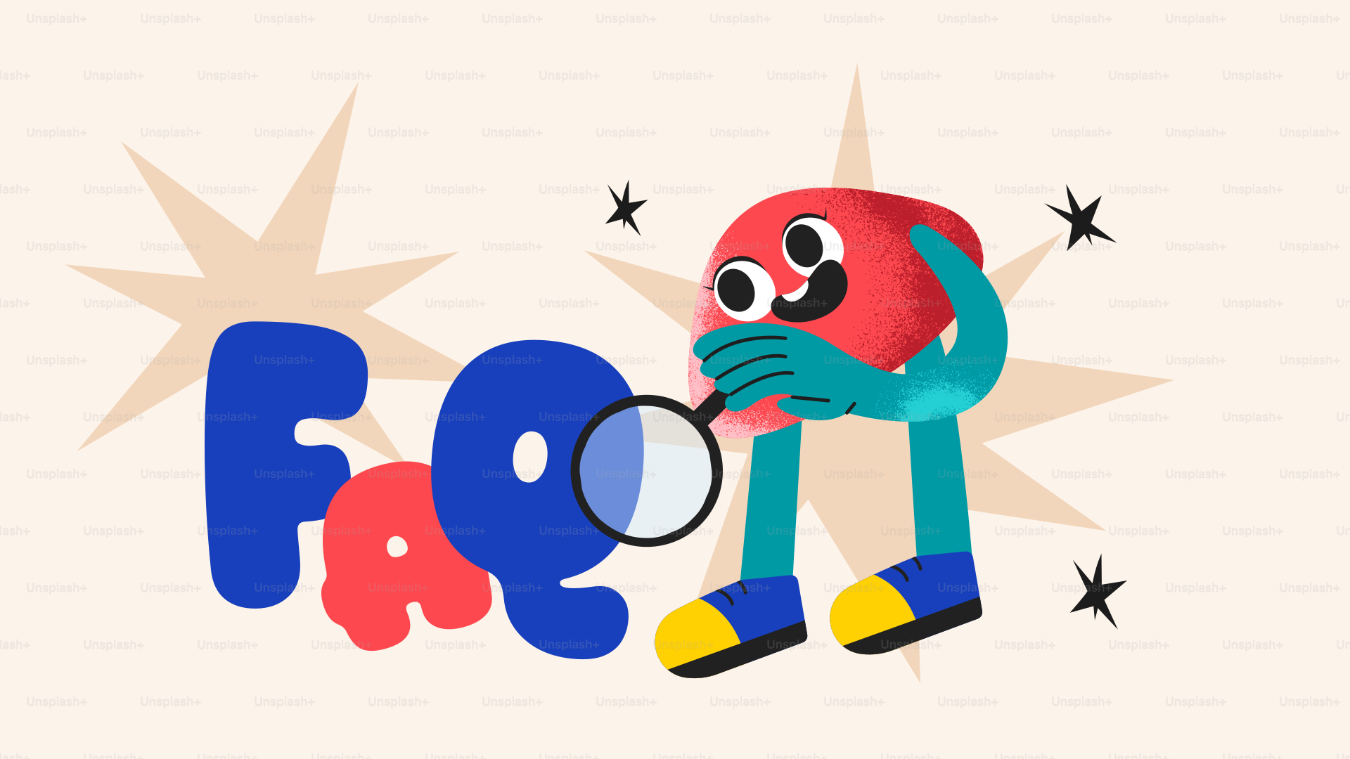 Cartoon character examining the word faq with magnifying glass.