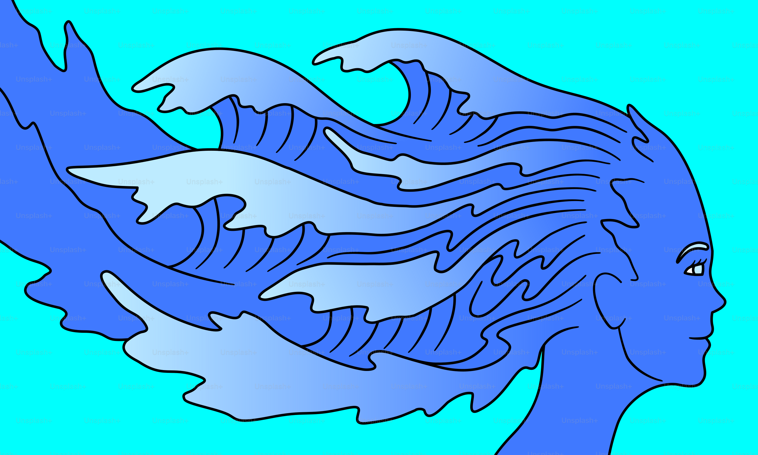 Woman with flowing blue waves as hair