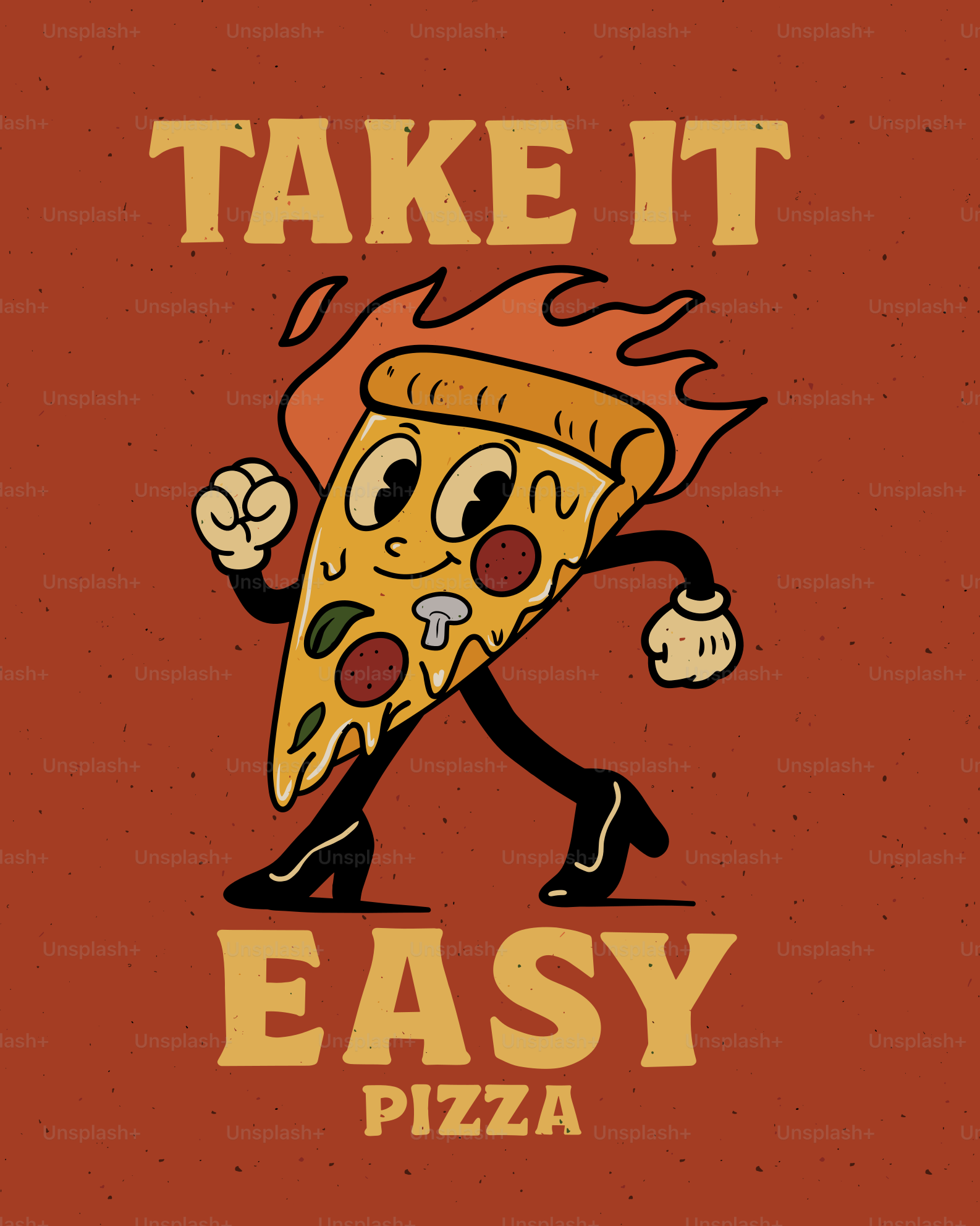 Sepotong kartun pizza menari dengan api
