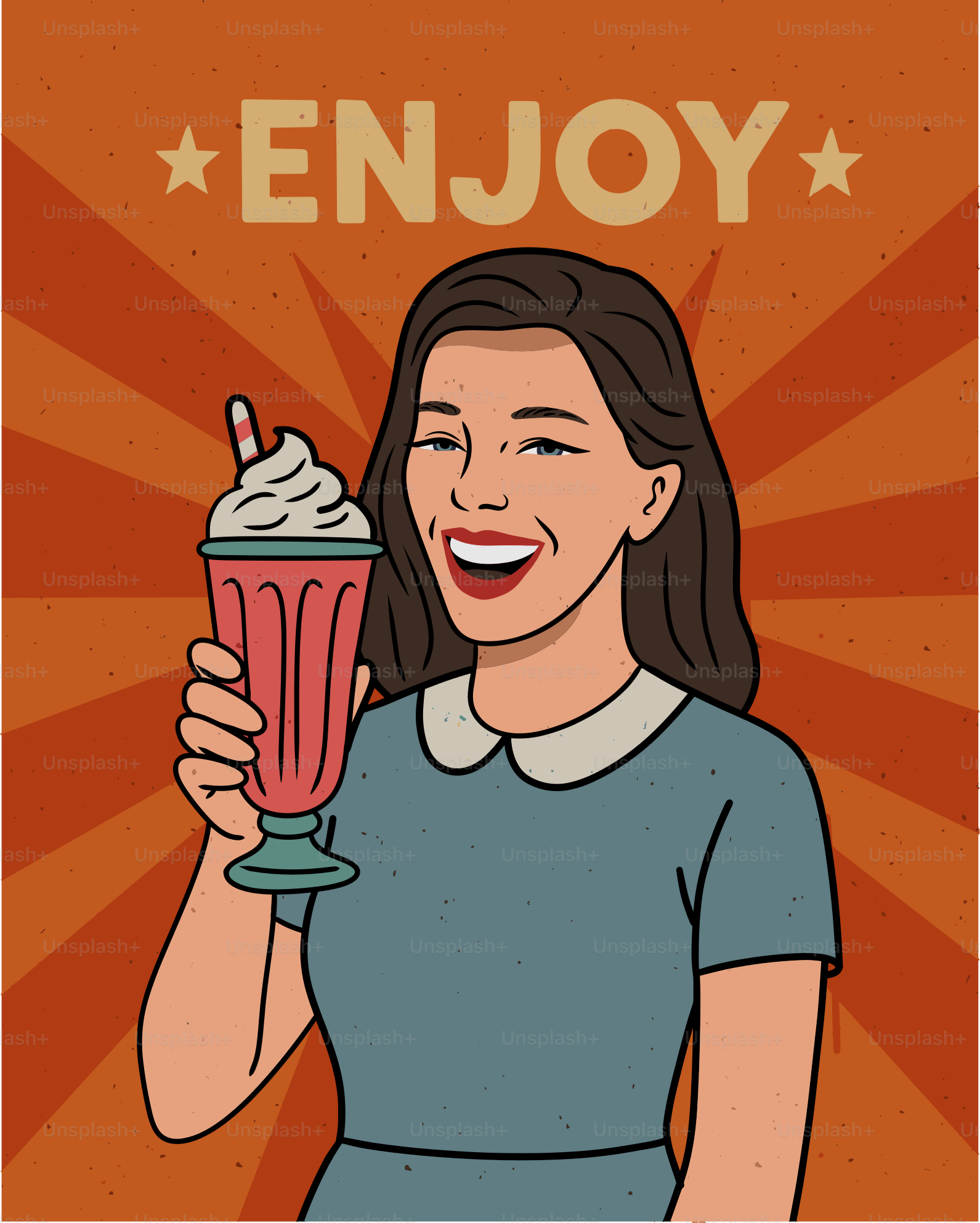 Mulher sorrindo segurando um milkshake com palha