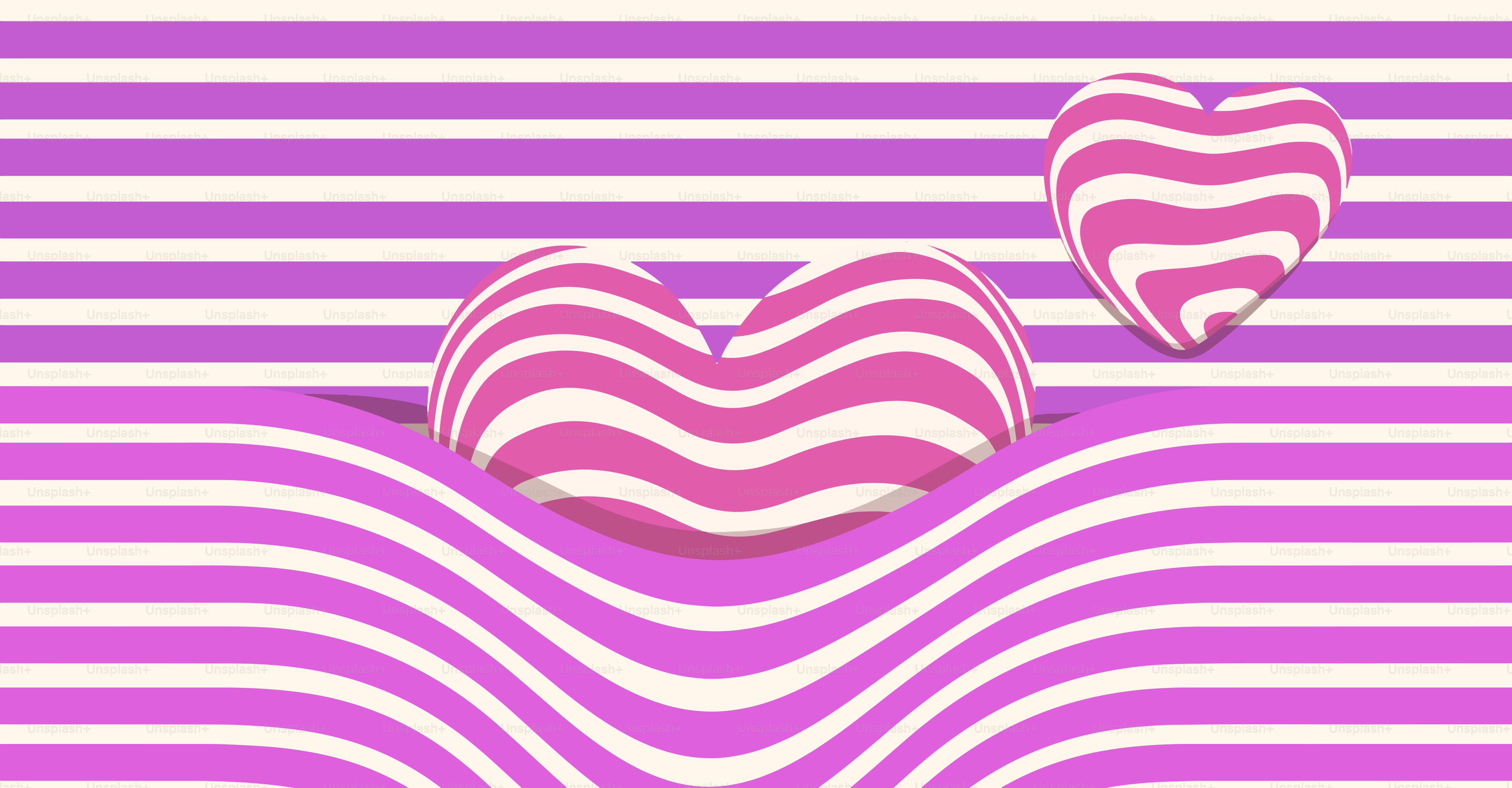 Pink and white striped hearts on purple striped background