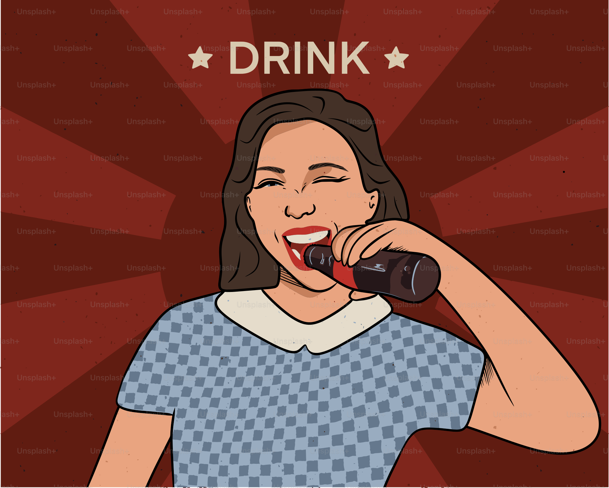 Wanita minum dari botol dengan mata tertutup