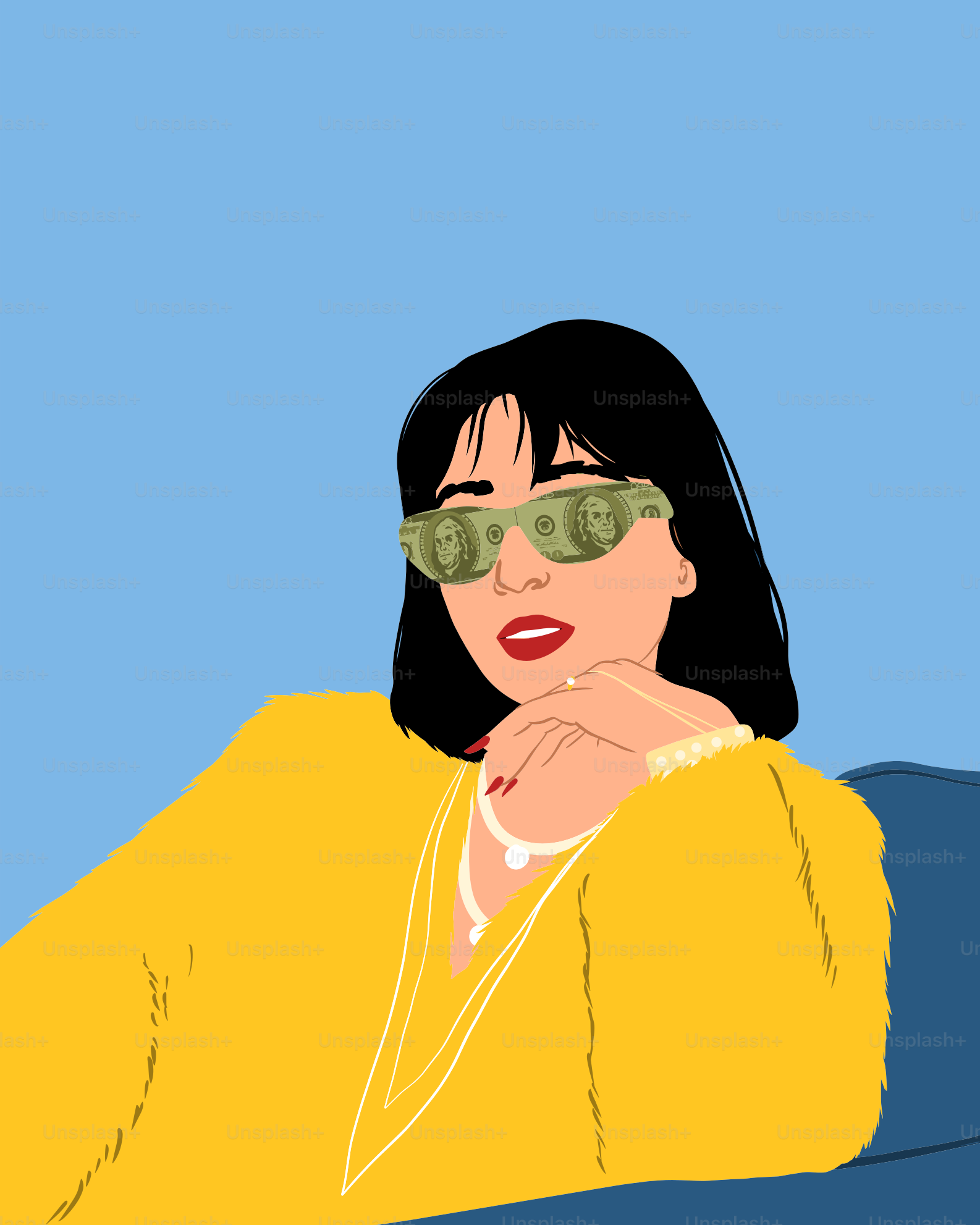 Frau mit Sonnenbrille mit Gelddesign