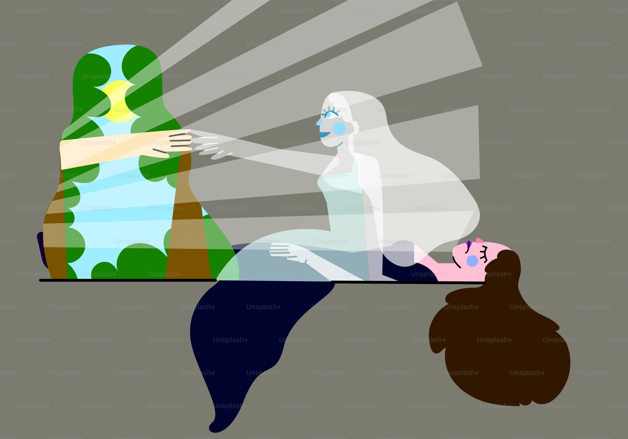 Two figures connect with light beams.