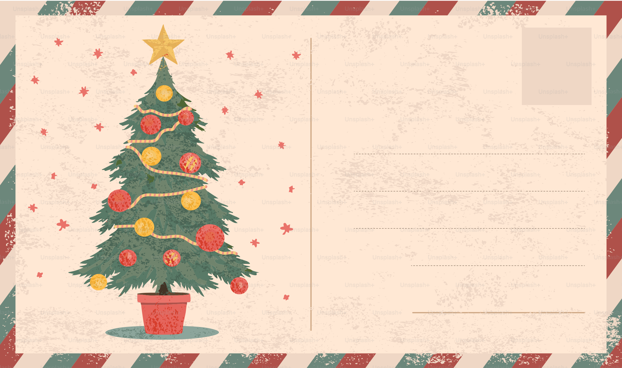 Decorated christmas tree on a vintage postcard.