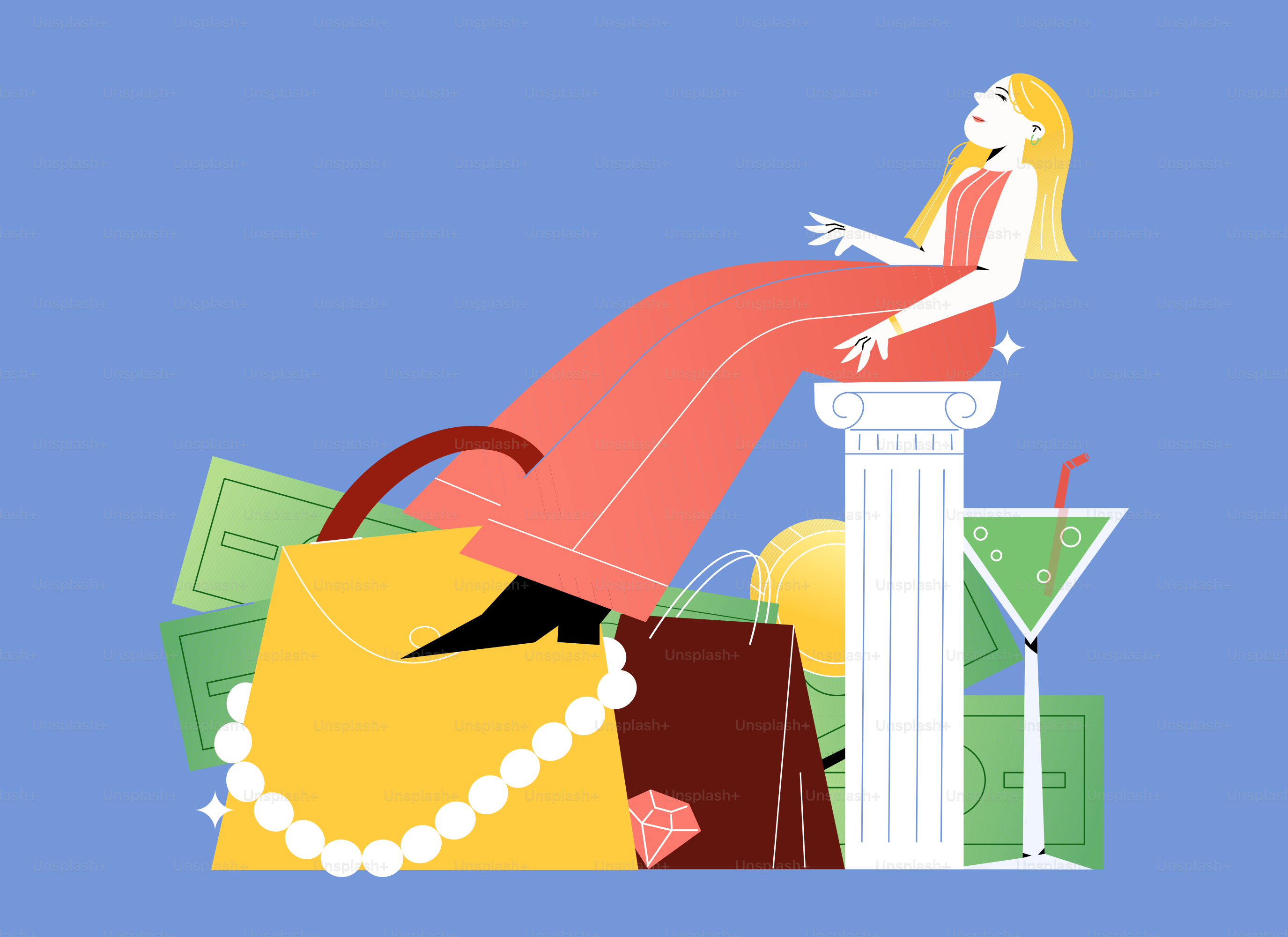 Woman reclining on pedestal surrounded by shopping bags and money
