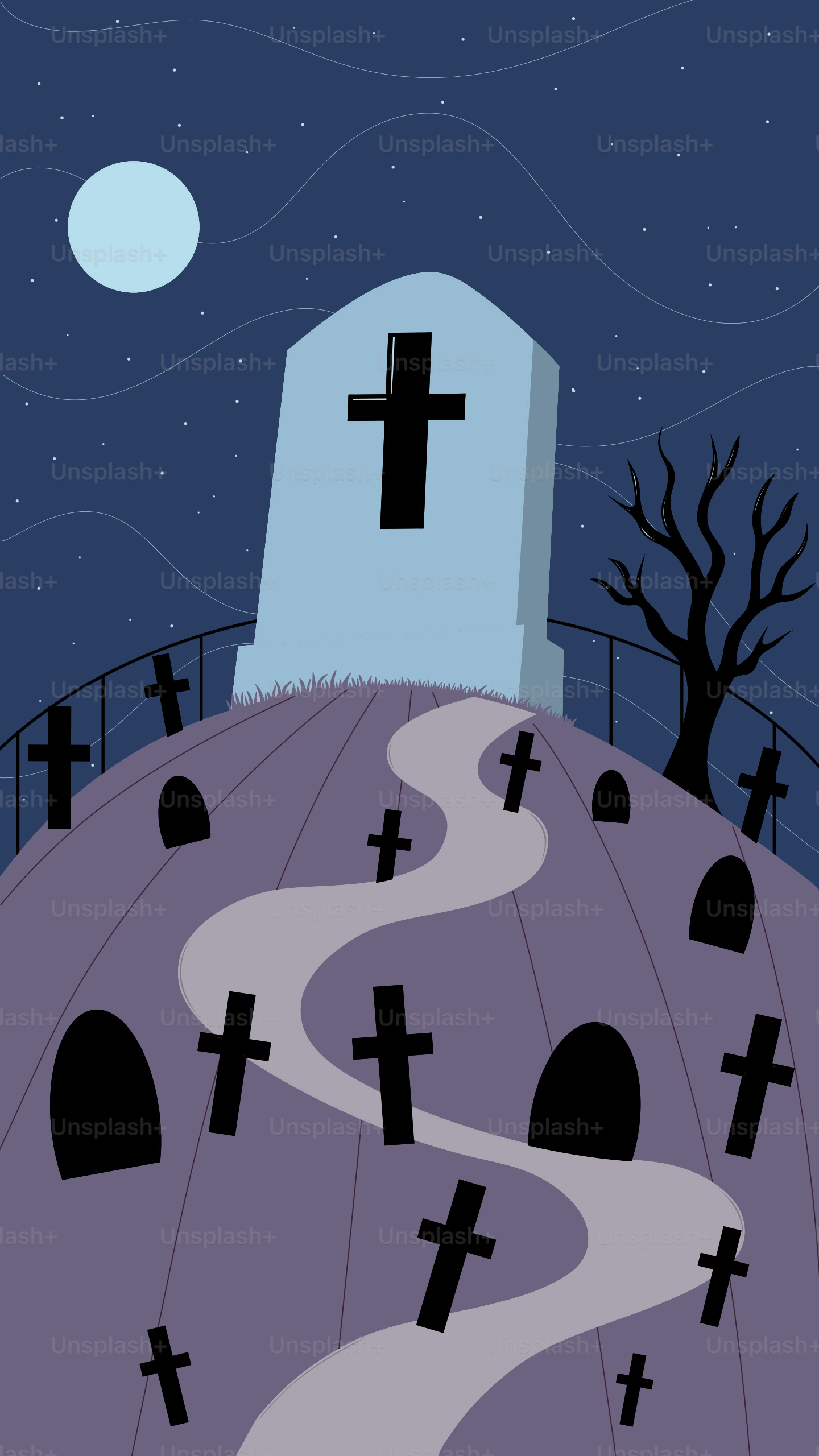 Caminho assustador do cemitério sob lua cheia