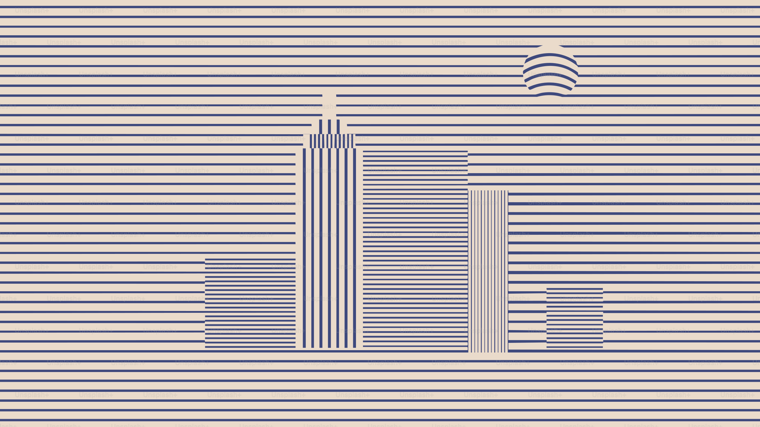 Stylized cityscape with horizontal lines and sun.