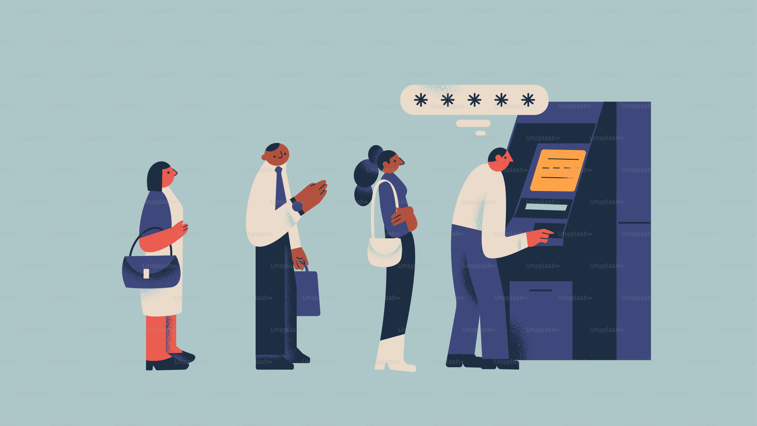 People waiting in line at an atm