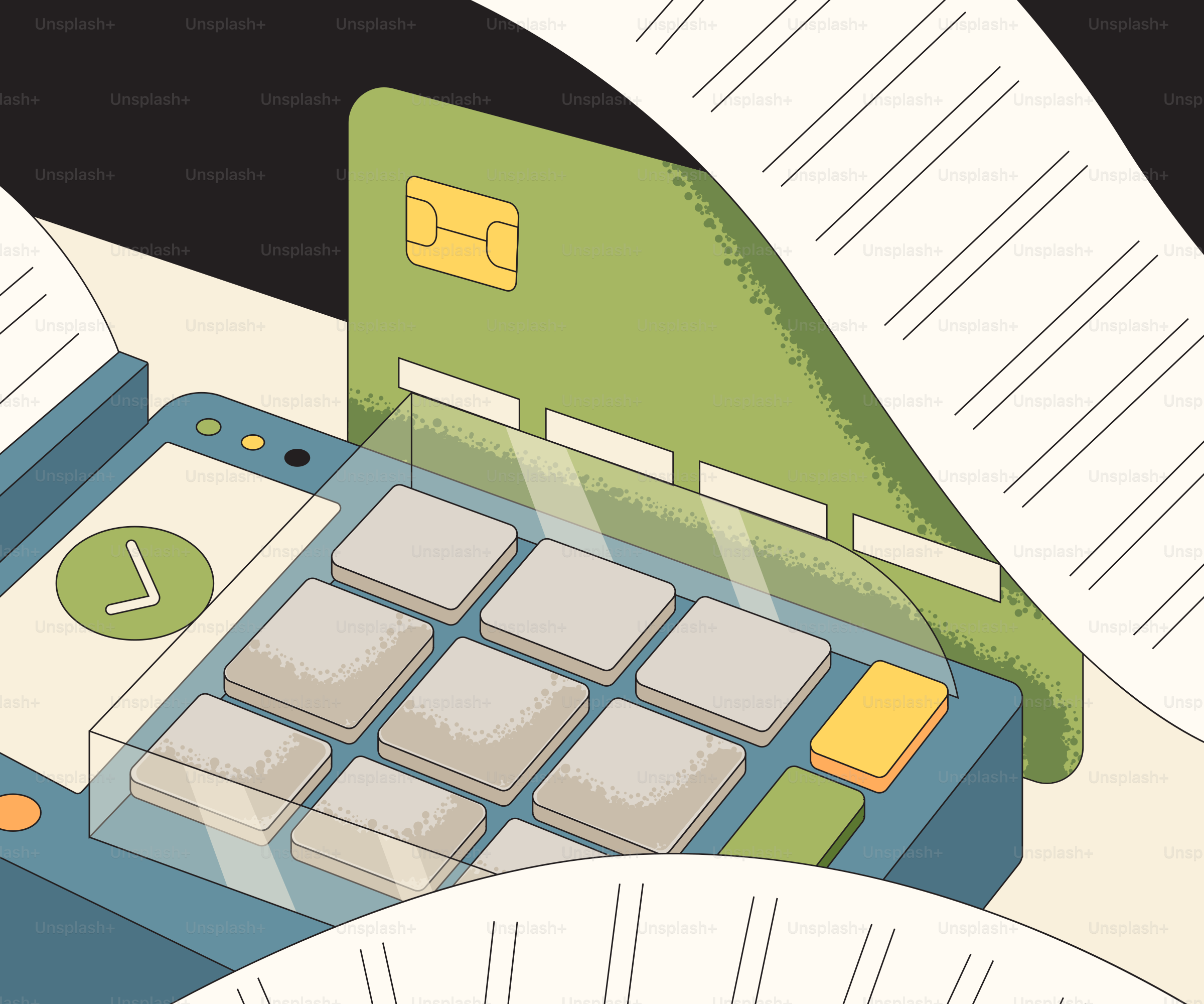 Credit card payment with receipt and keypad.