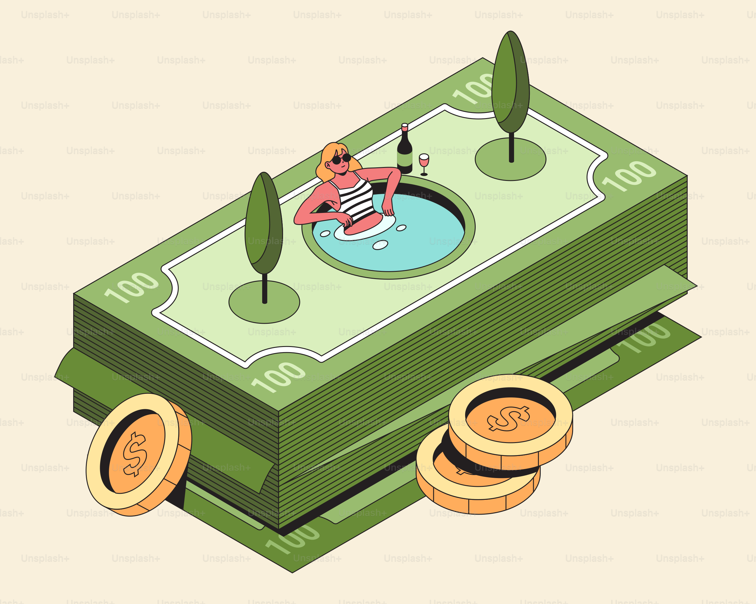 Woman relaxing in a hot tub on a stack of money.