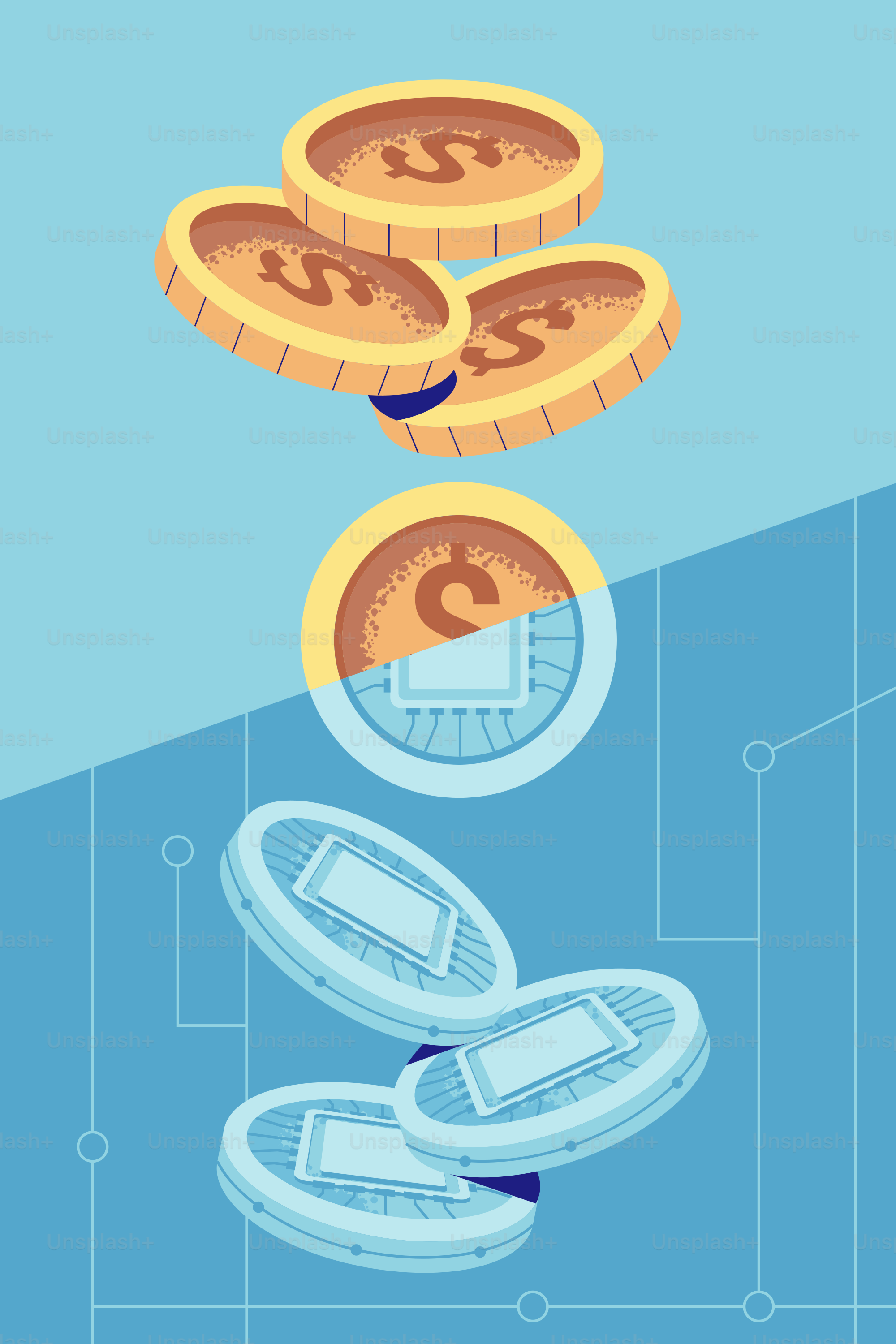 Las monedas de oro pasan a fichas de moneda digital sobre fondo azul.