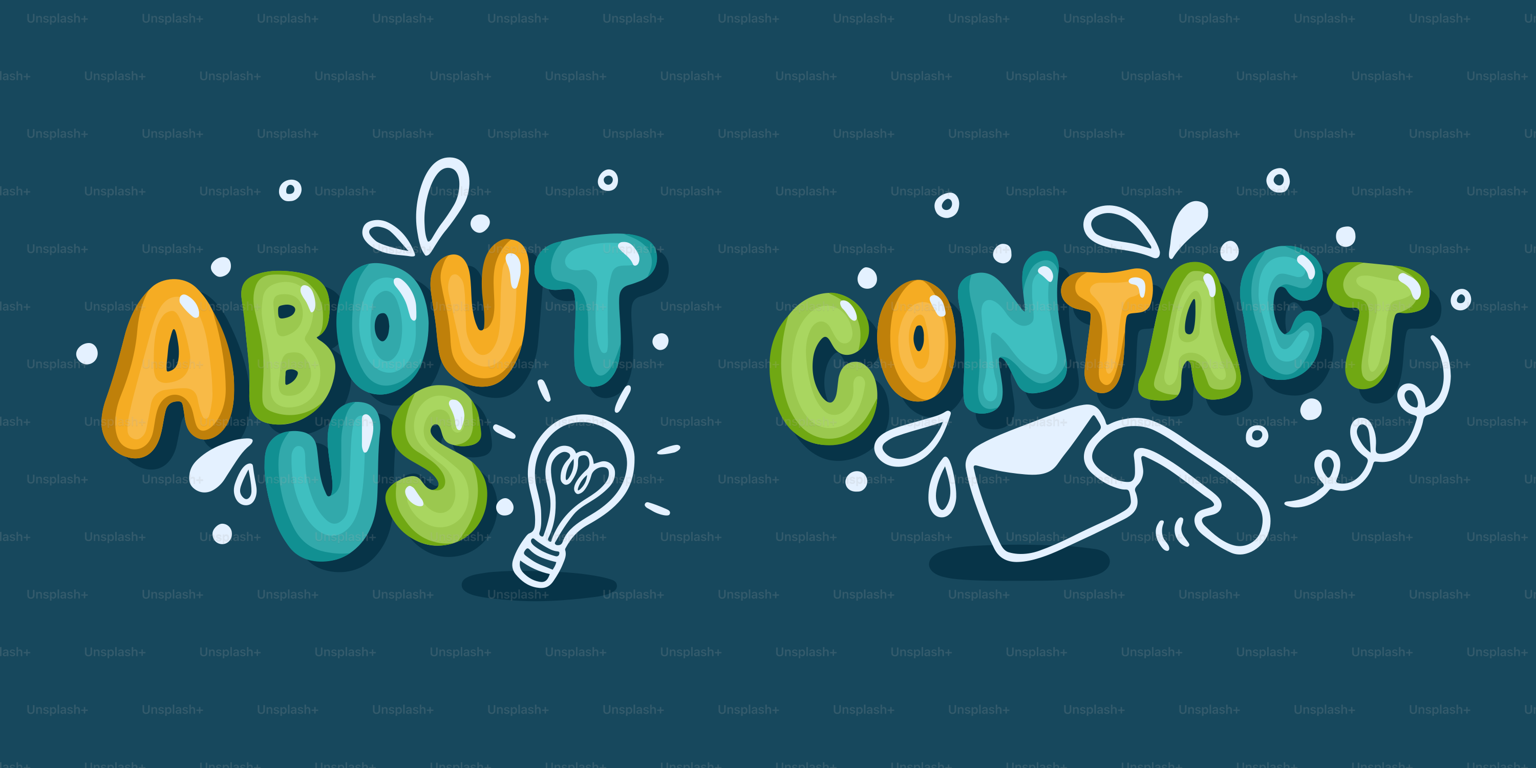 Colorful text 'about us' and 'contact' with icons.