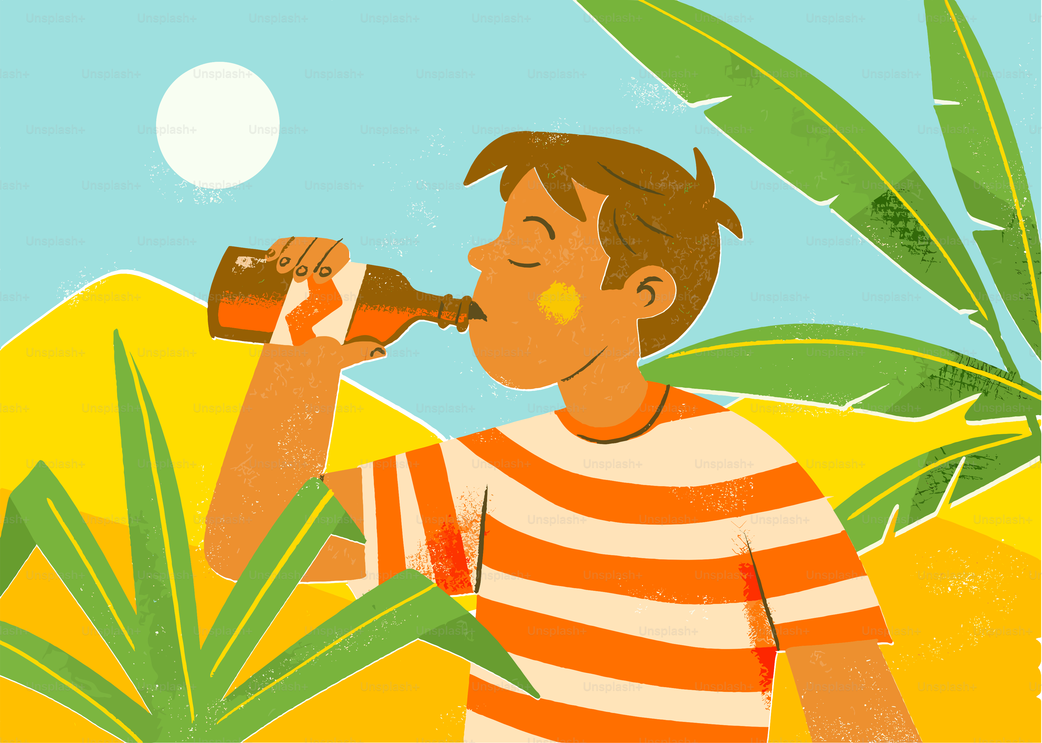 Junger Mann, der aus einer Flasche in der Sonne trinkt.