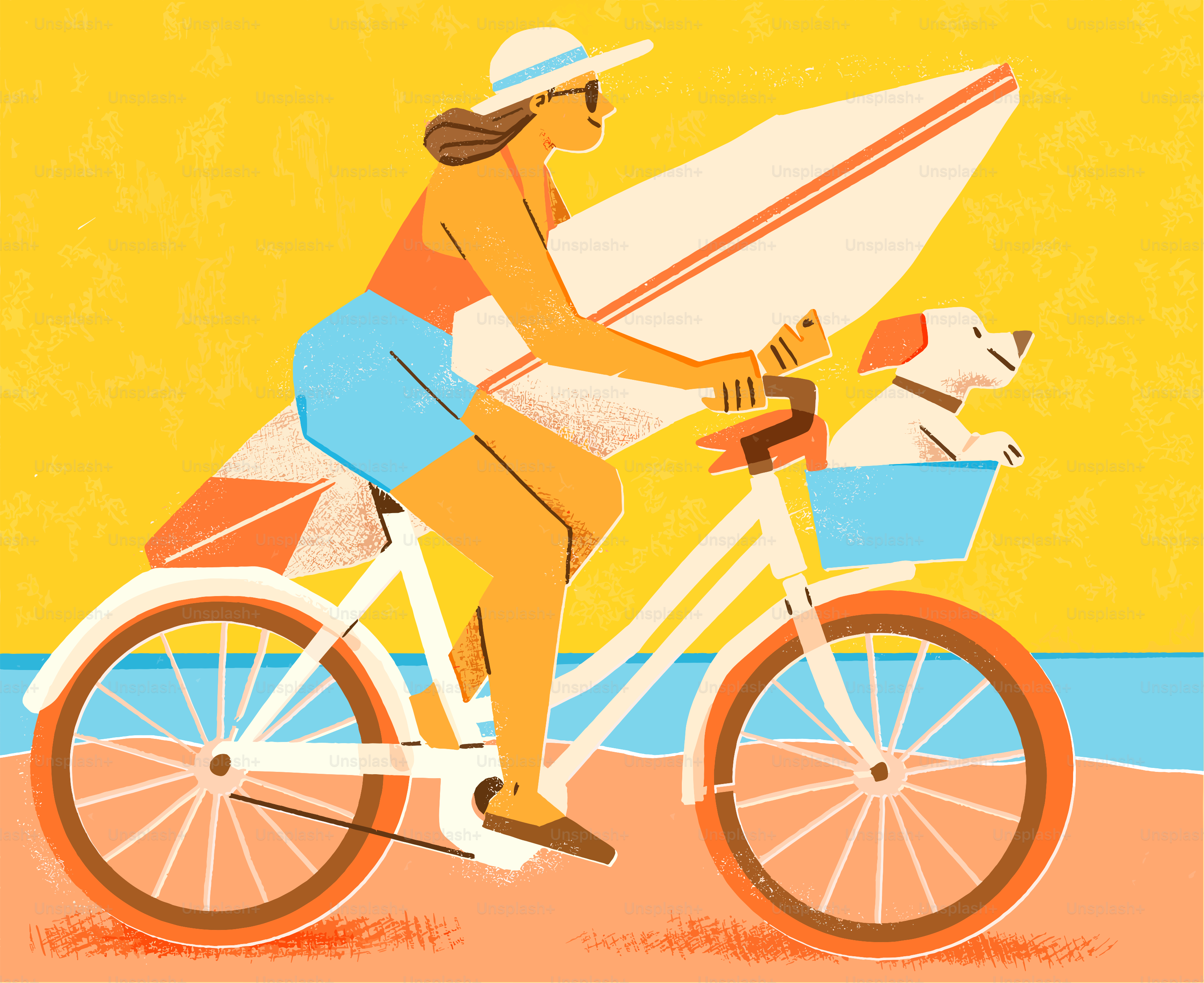 Woman with surfboard and dog rides bicycle on beach.