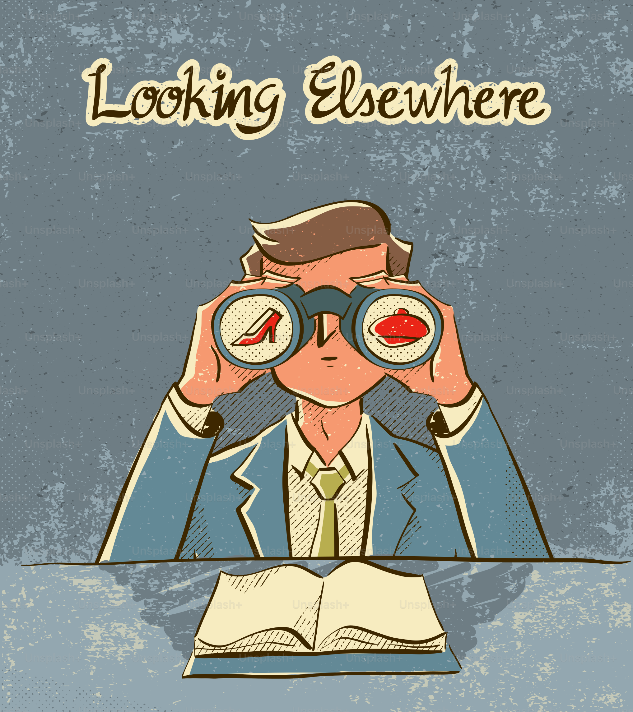 Man with binoculars looking at shoe and lipstick.