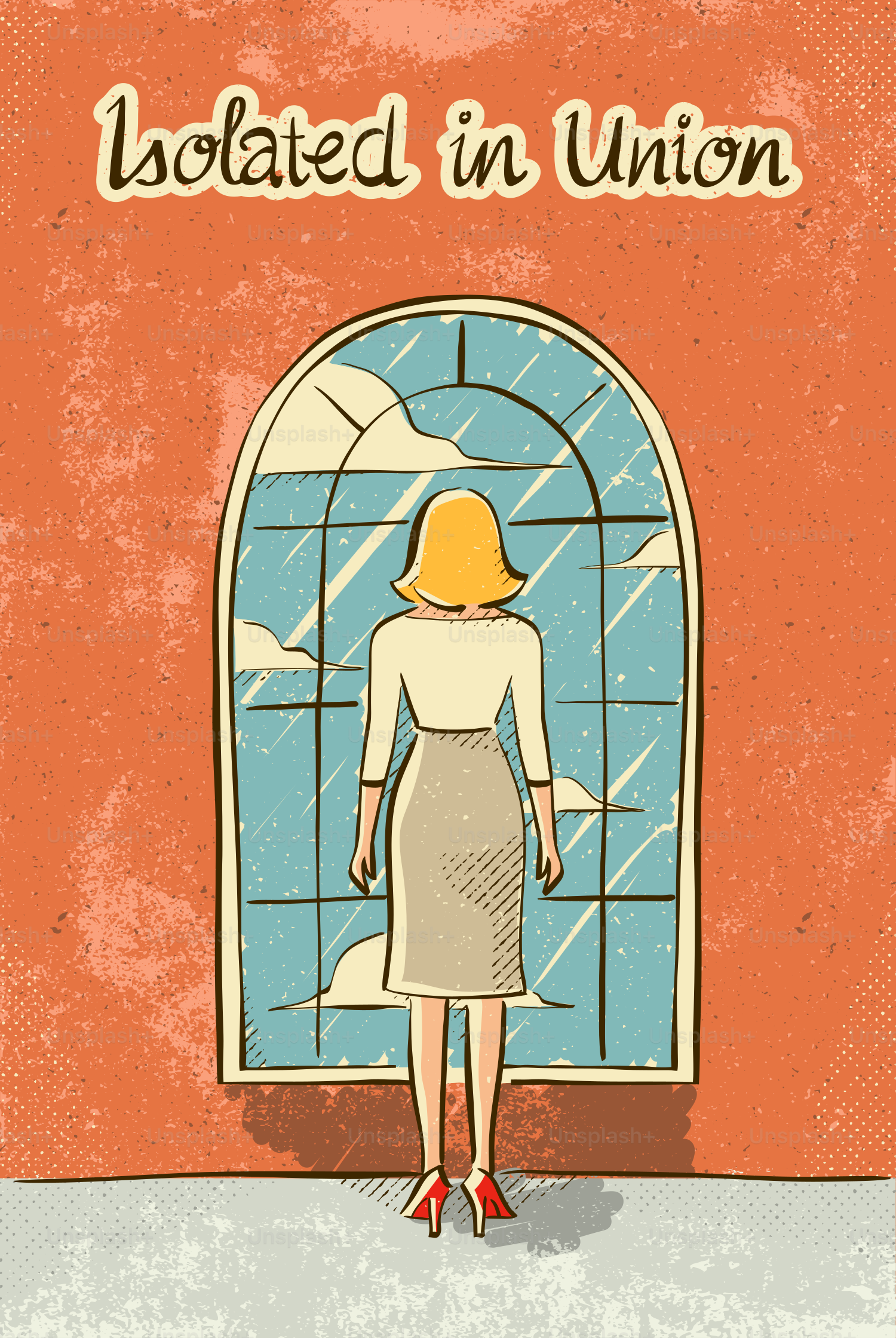 Woman looking out arched window at clouds