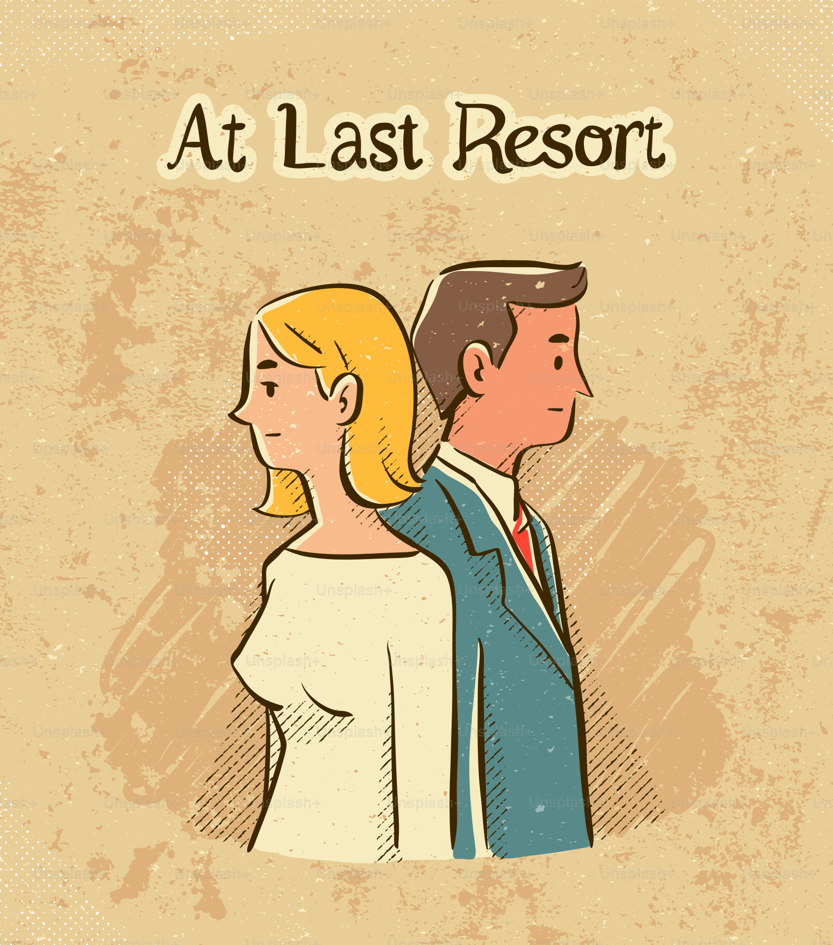 Couple standing back to back with text.