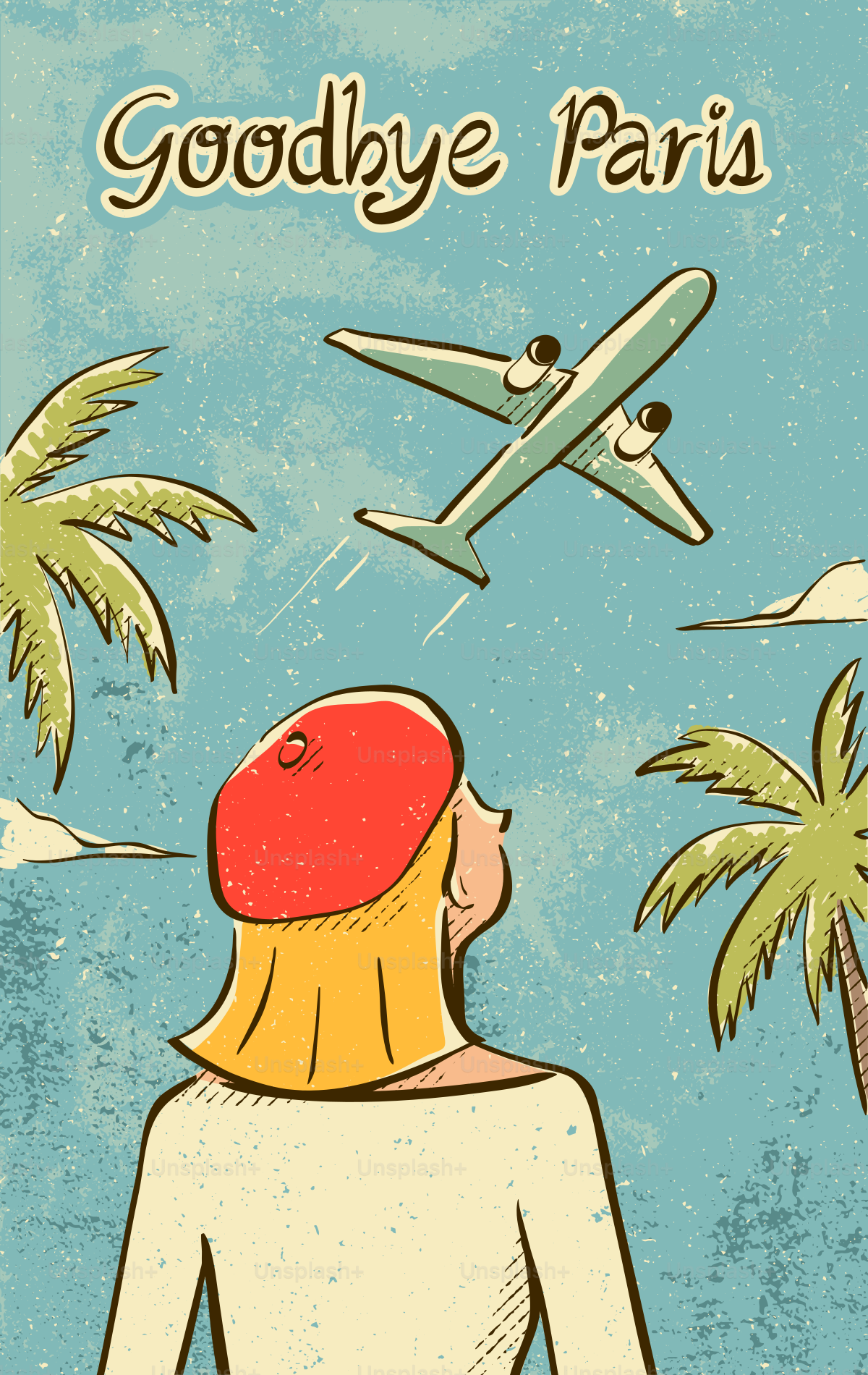 Woman watches airplane depart over palm trees