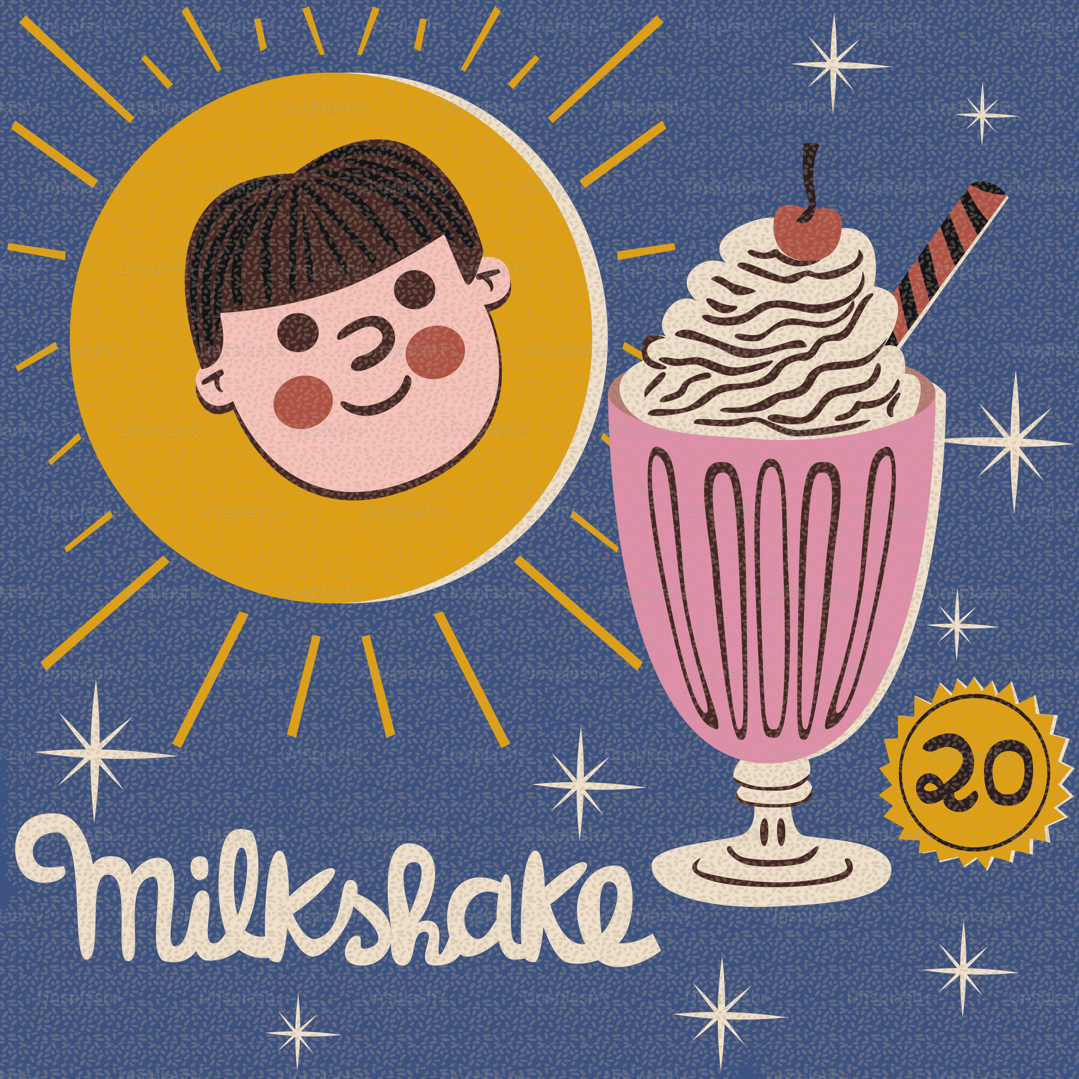 Ilustrasi retro anak laki-laki dan milkshake