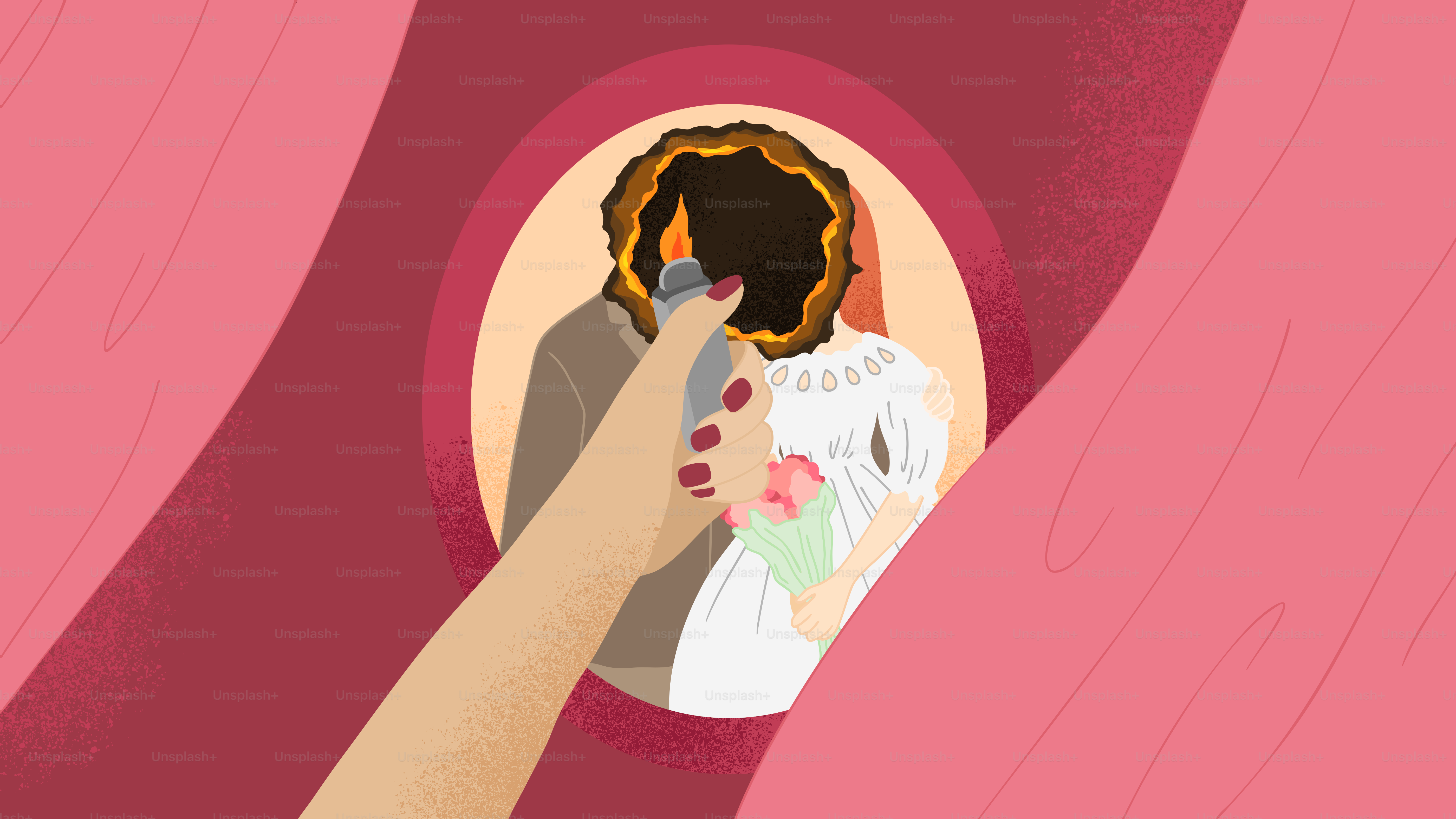 결혼 초상 근처에서 촛불을 들고 손을 잡고 있는 모습