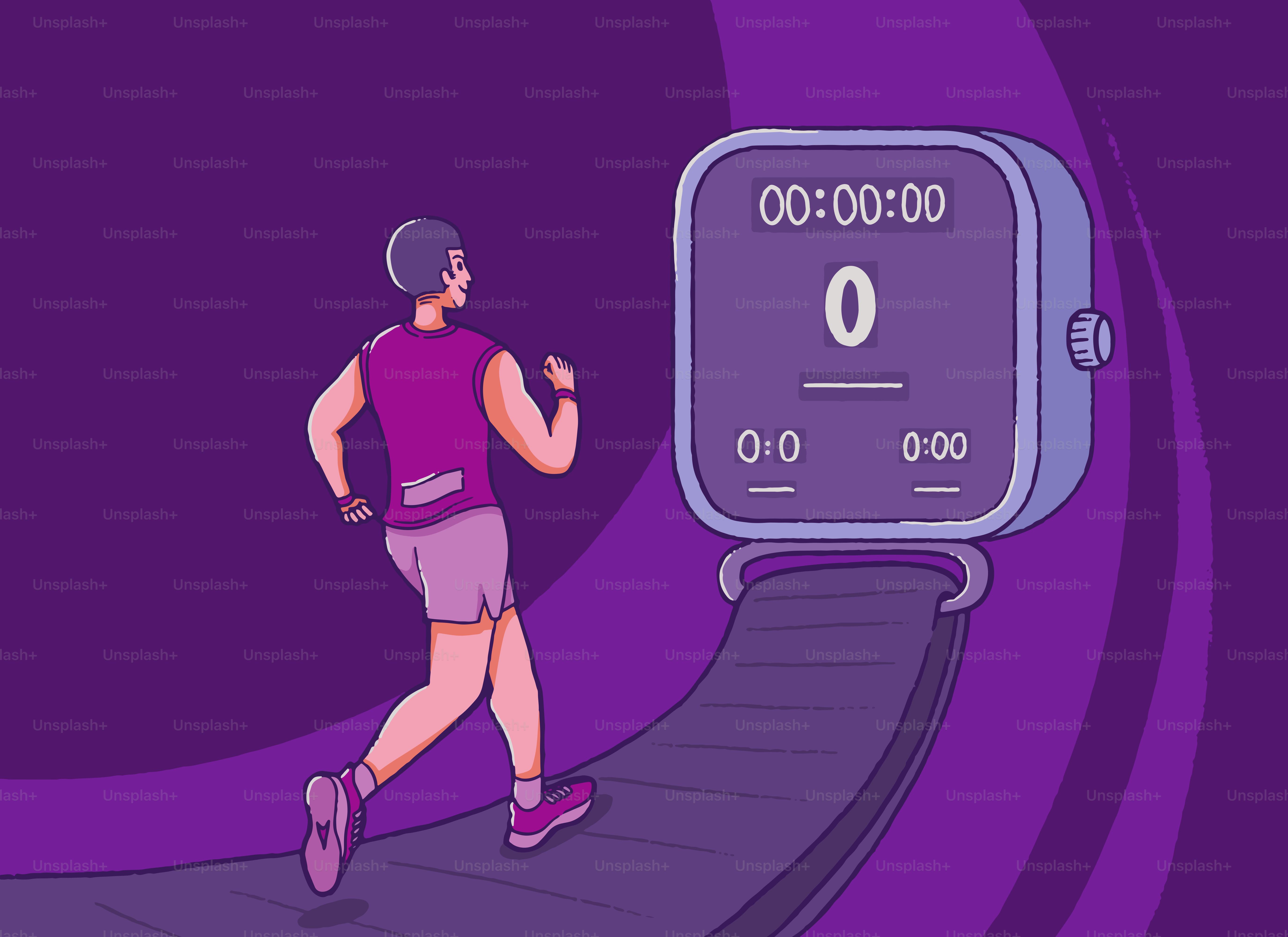 Man running on treadmill towards giant smartwatch