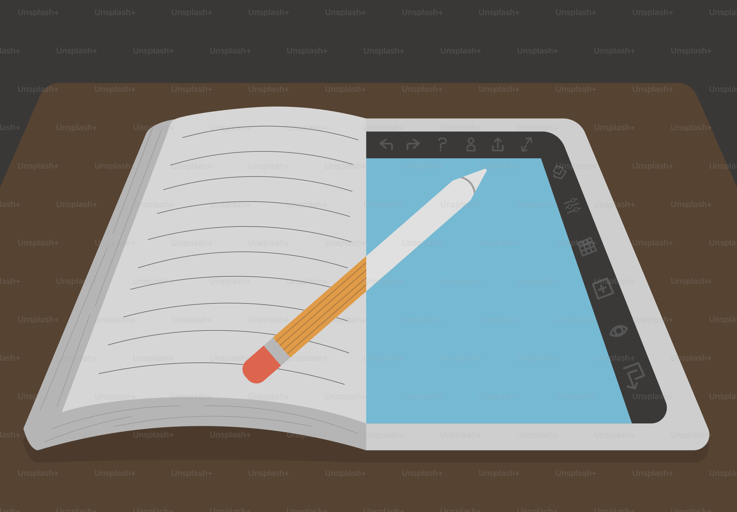 Open book and digital tablet with stylus